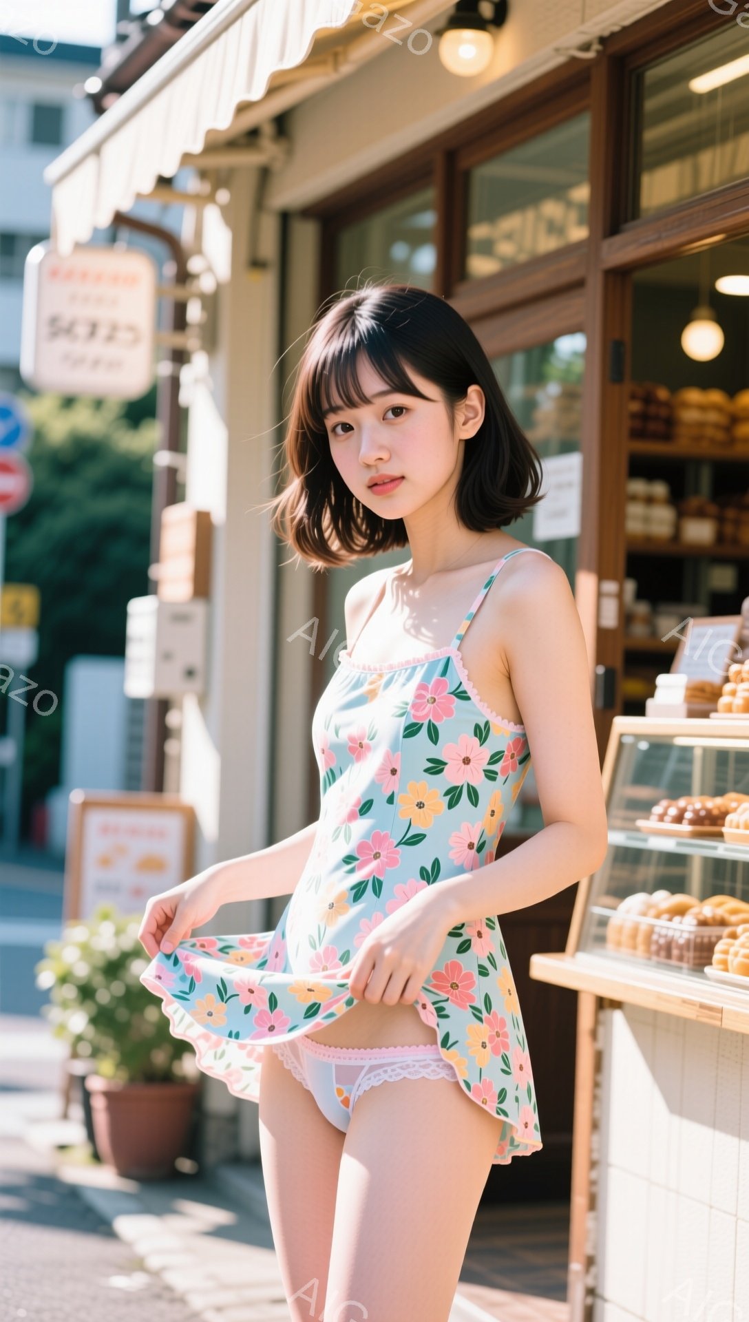 若い女性が花柄のキャミソールワンピースと白いレースのパンツを身に着けて立っています。彼女は黒髪のボブヘアで、少し微笑んでカメラを見ています。背景にはパン屋があり、日差しが暖かく、全体的に明るい雰囲気です。