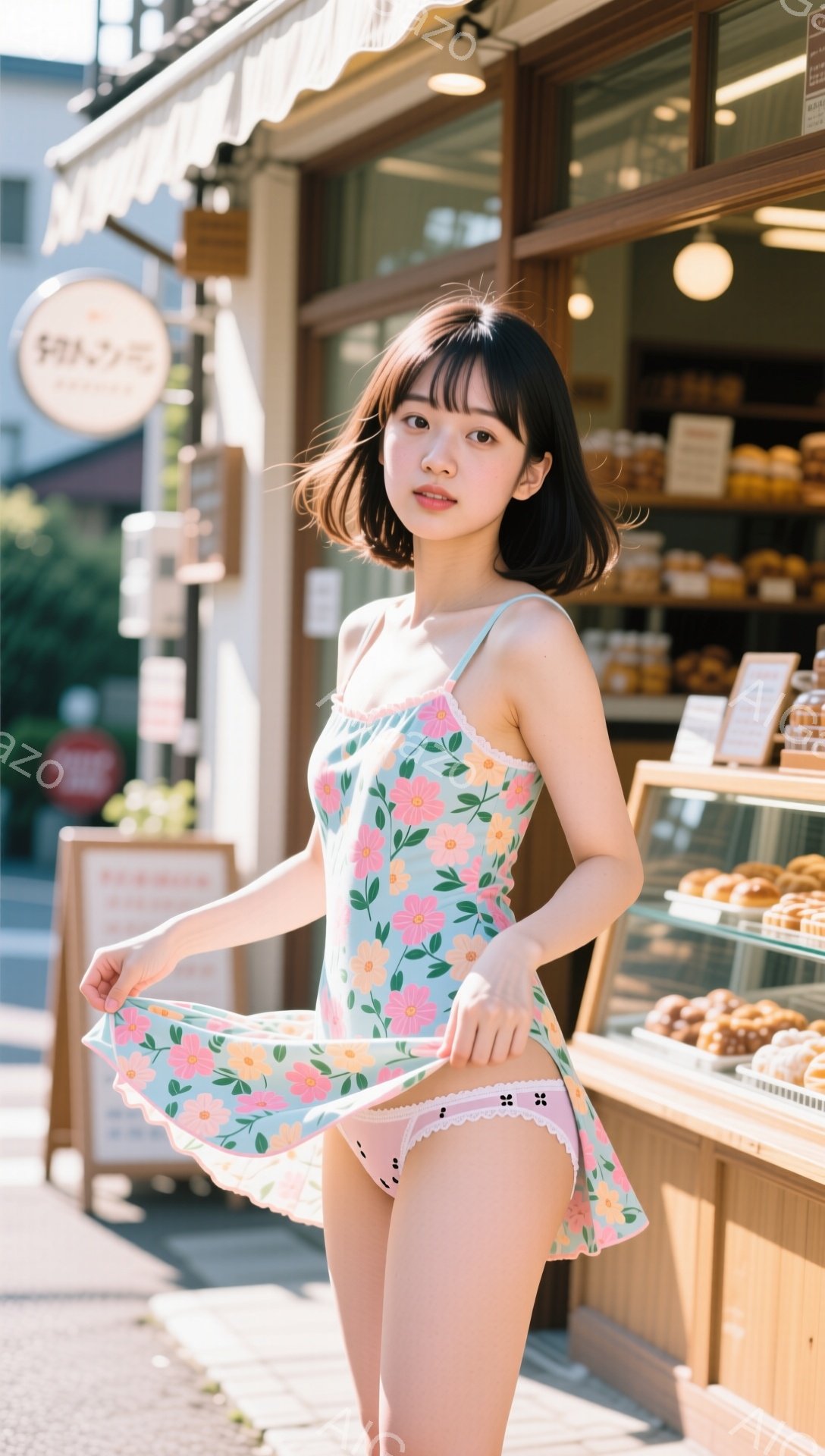 明るい日差しの下、花柄のキャミソールワンピースを着た若い女性が写っています。彼女はスカートを軽く持ち上げ、少しいたずらっぽい笑顔を浮かべています。背景には、パン屋らしきお店があり、ショーケースにはパン - AI生成フリー素材