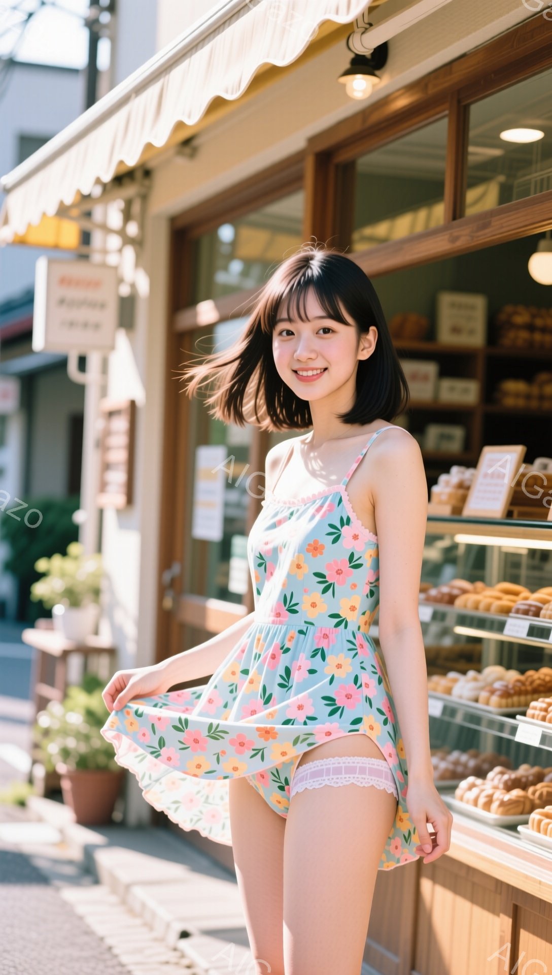 若い女性が、薄い水色の花柄のワンピースと白いレースのショートパンツを身に着けて、ワンピースの裾を少し持ち上げています。彼女は黒髪のショートボブで、微笑んでいます。背景にはパン屋があり、ショーケースには - AI生成フリー素材