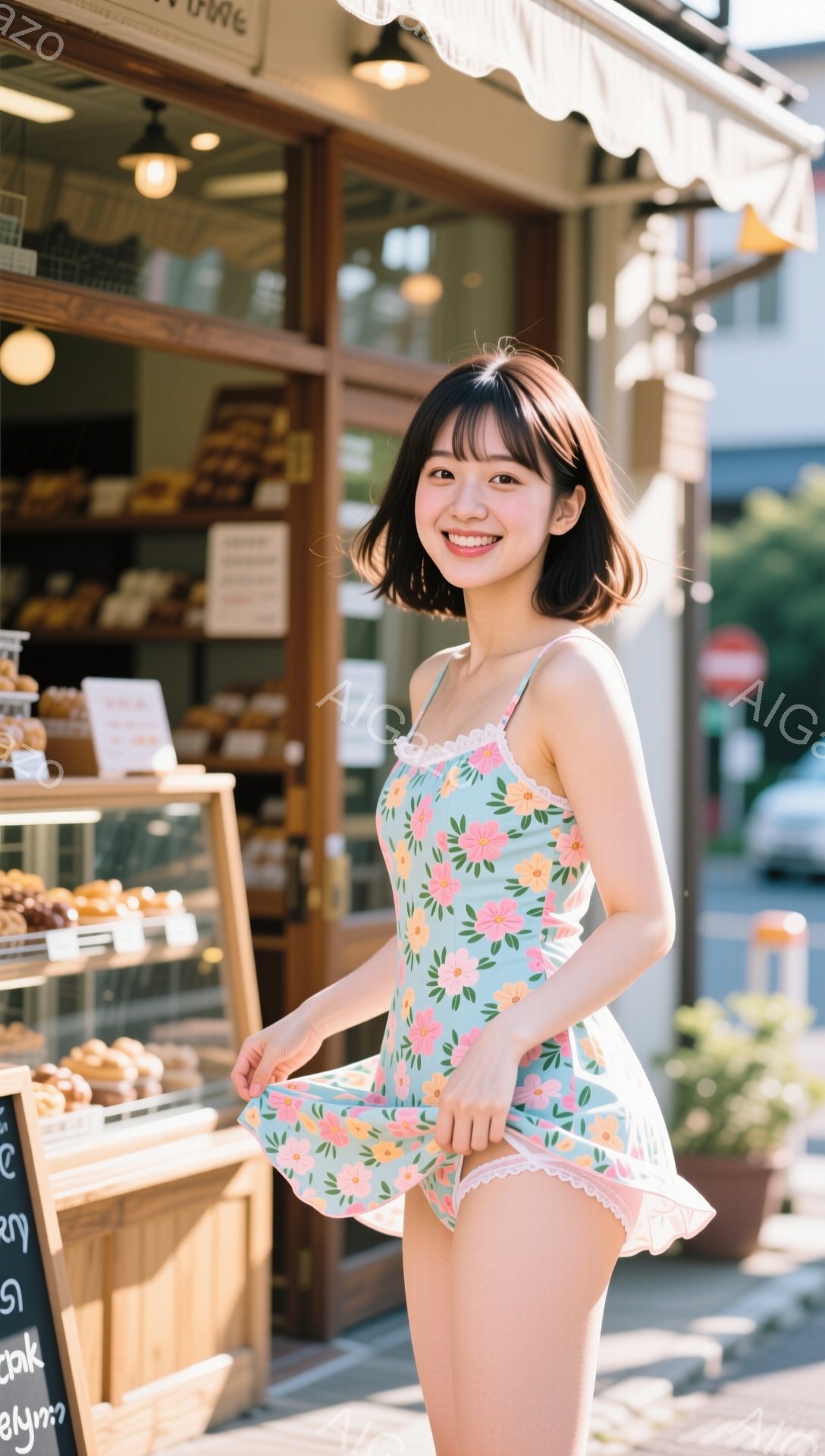 明るい笑顔の若い女性が、花柄のワンピース水着を着て立っています。彼女は短い茶色の髪で、前髪が目にかかるヘアスタイルです。背景には、ショーケースにパンが並んだ店と、日差しの下で緑豊かな植物が見え、穏やかで明るい雰囲気です。