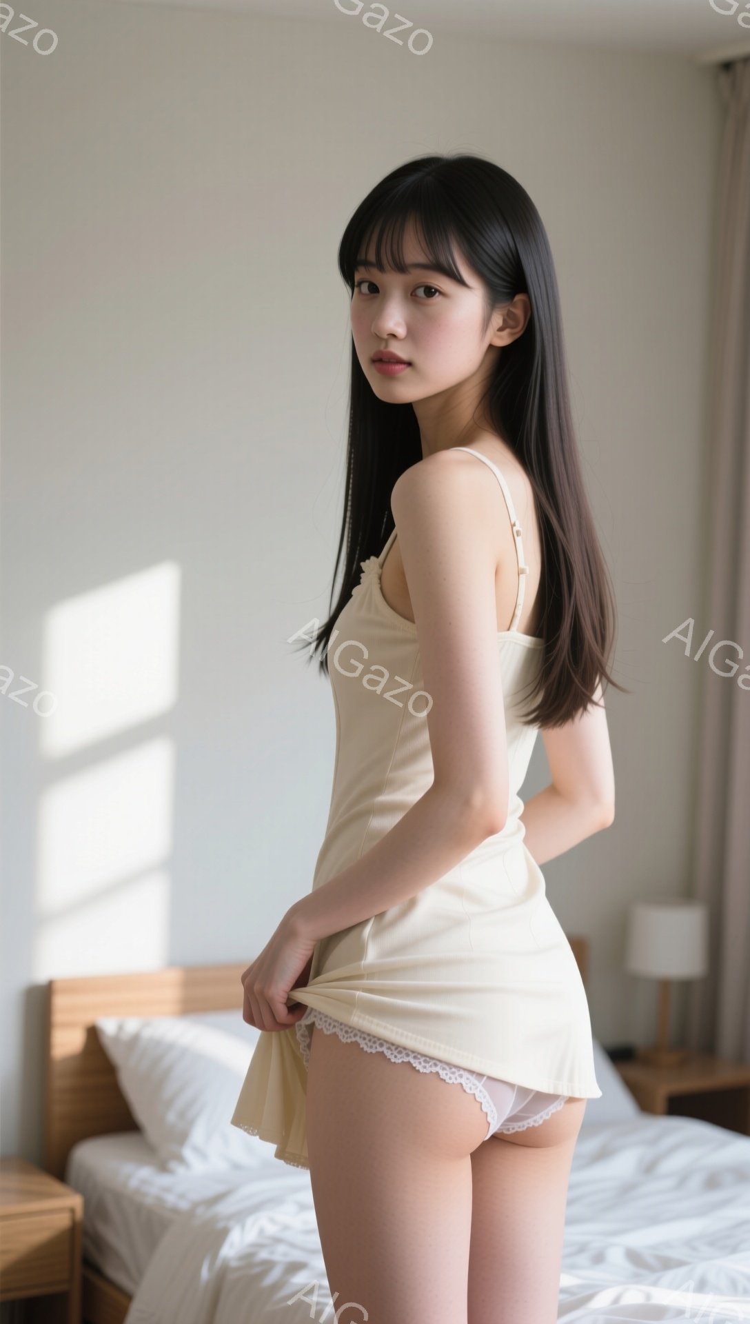 長い黒髪で前髪は眉毛にかかる程度に整えられた女性が、クリーム色のキャミソールとフリルのついたミニスカートを身に着けている。彼女はベッドの上で少し振り返り、スカートの裾を軽く握っており、表情は穏やかでわずかに微笑んでいるように見える。背景には白いベッドとナイトスタンド、そして柔らかい光が差し込む窓が見え、全体的に柔らかく穏やかな雰囲気が漂っている。
