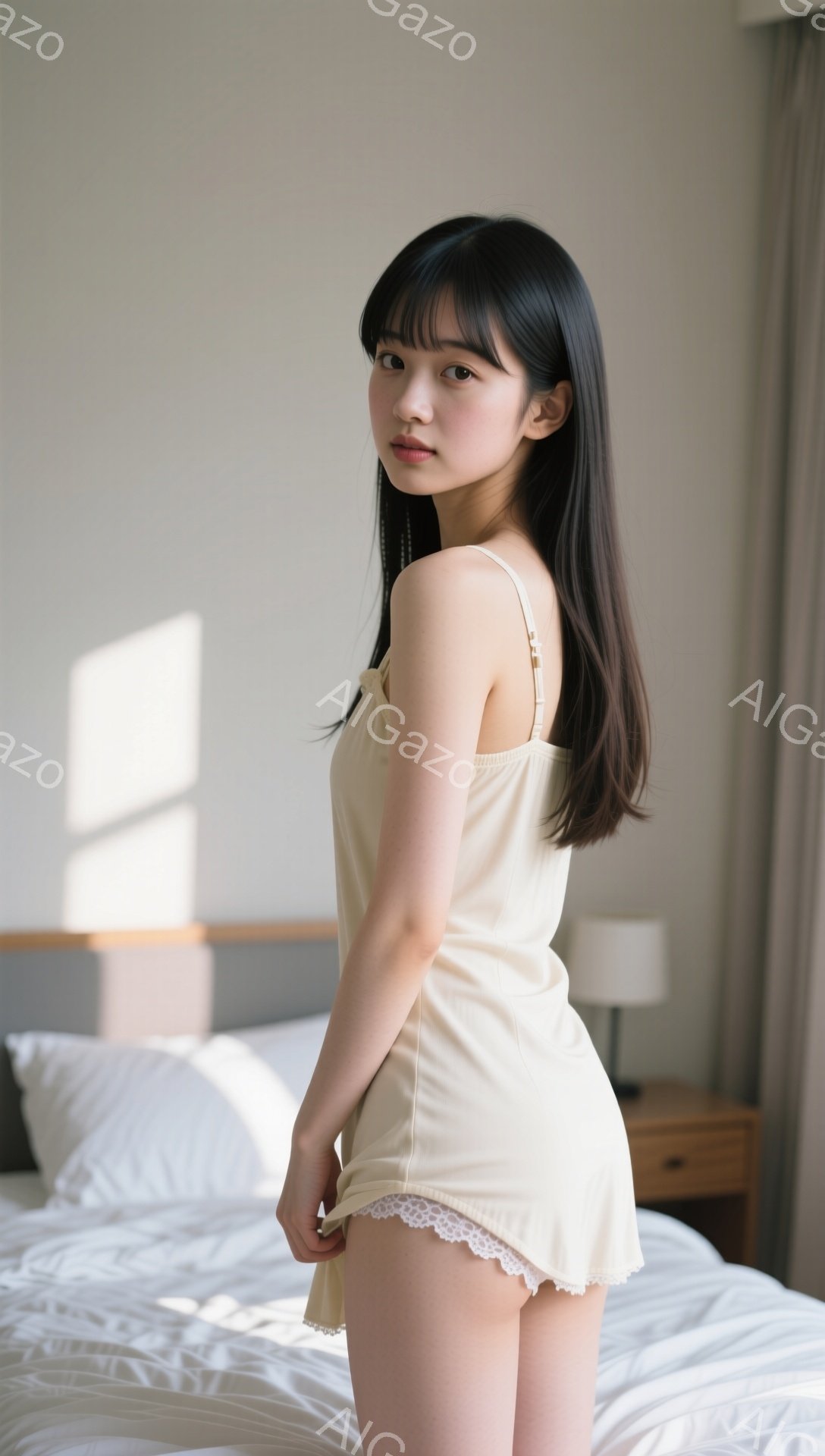 長い黒髪をセンターパートにした女性が、ベージュ色のキャミソールとショートパンツ姿でベッドの上に立っている。彼女はカメラの方を振り返り、少し微笑んだ表情で、リラックスした雰囲気を醸し出している。背景には白いベッドとナイトテーブル、そして柔らかな光が差し込む窓が見え、全体的に穏やかで暖かい印象を与える。