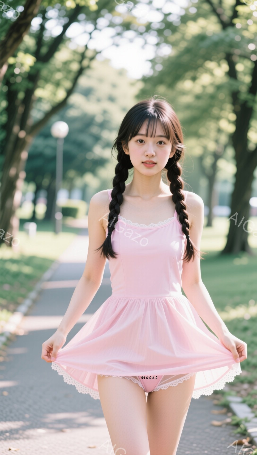 若い女性が、薄いピンク色のフリル付きのミニワンピースを着て、両手でスカートを押さえて立っています。彼女は黒髪で、ツインテールに結ばれており、穏やかな笑顔を浮かべています。背景には緑豊かな木々と遊歩道が - AI生成フリー素材