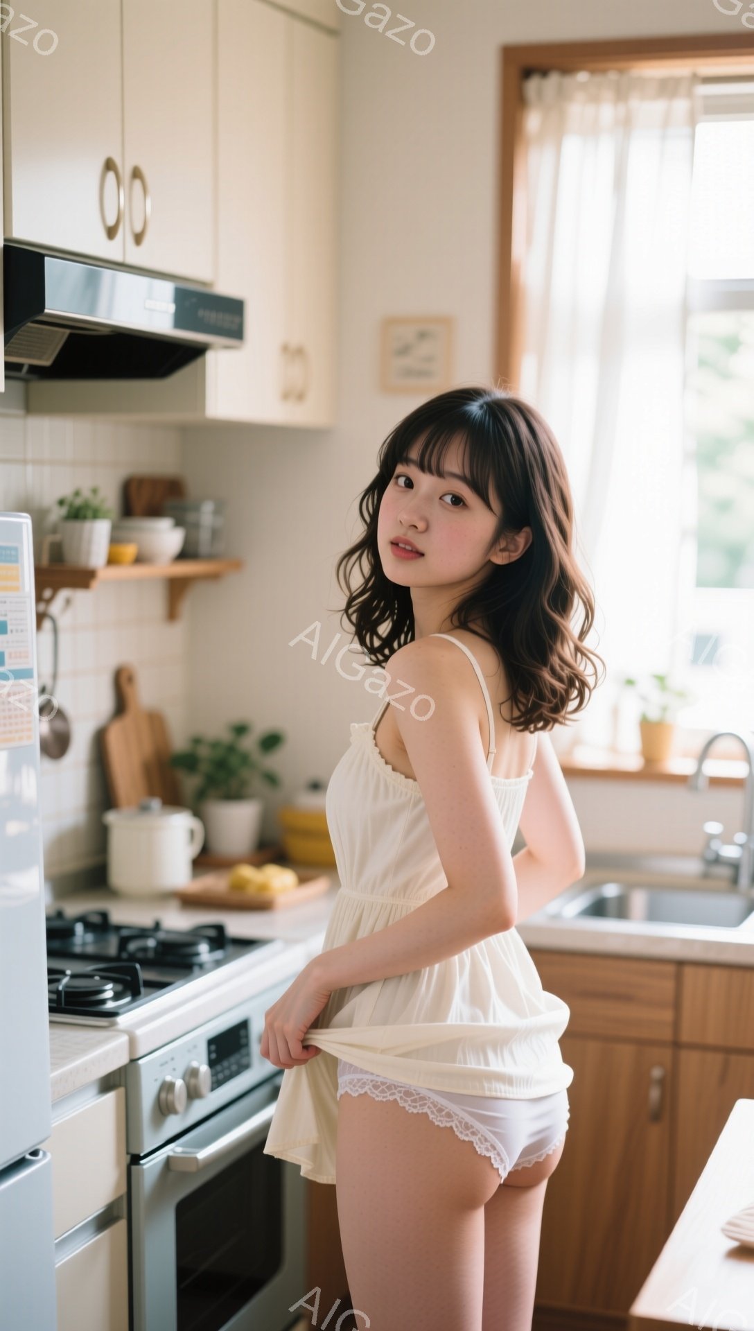 明るいキッチンで、キャミソールと下着姿の若い女性が写っている。彼女は少し微笑んでおり、片手でキャミソールの裾を軽く引き上げている。背景には調理台、ガスコンロ、シンク、窓から差し込む自然光が見え、暖かく穏やかな雰囲気が漂っている。