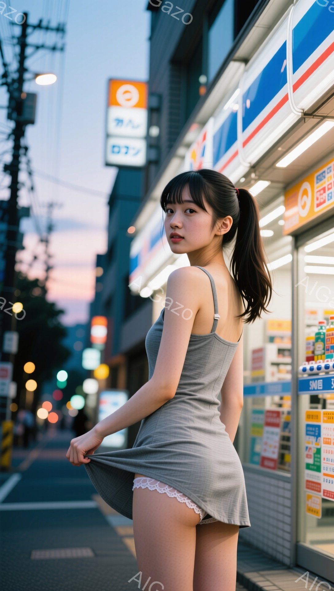 長い茶色の髪をポニーテールにした若い女性が、薄いグレーのミニドレスを着て立っています。彼女はドレスの裾を少し持ち上げ、少し挑発的な表情をしています。背景には、夜の街並み、コンビニエンスストア、そして薄明りの空が見え、少し都会的で夜の雰囲気が漂っています。