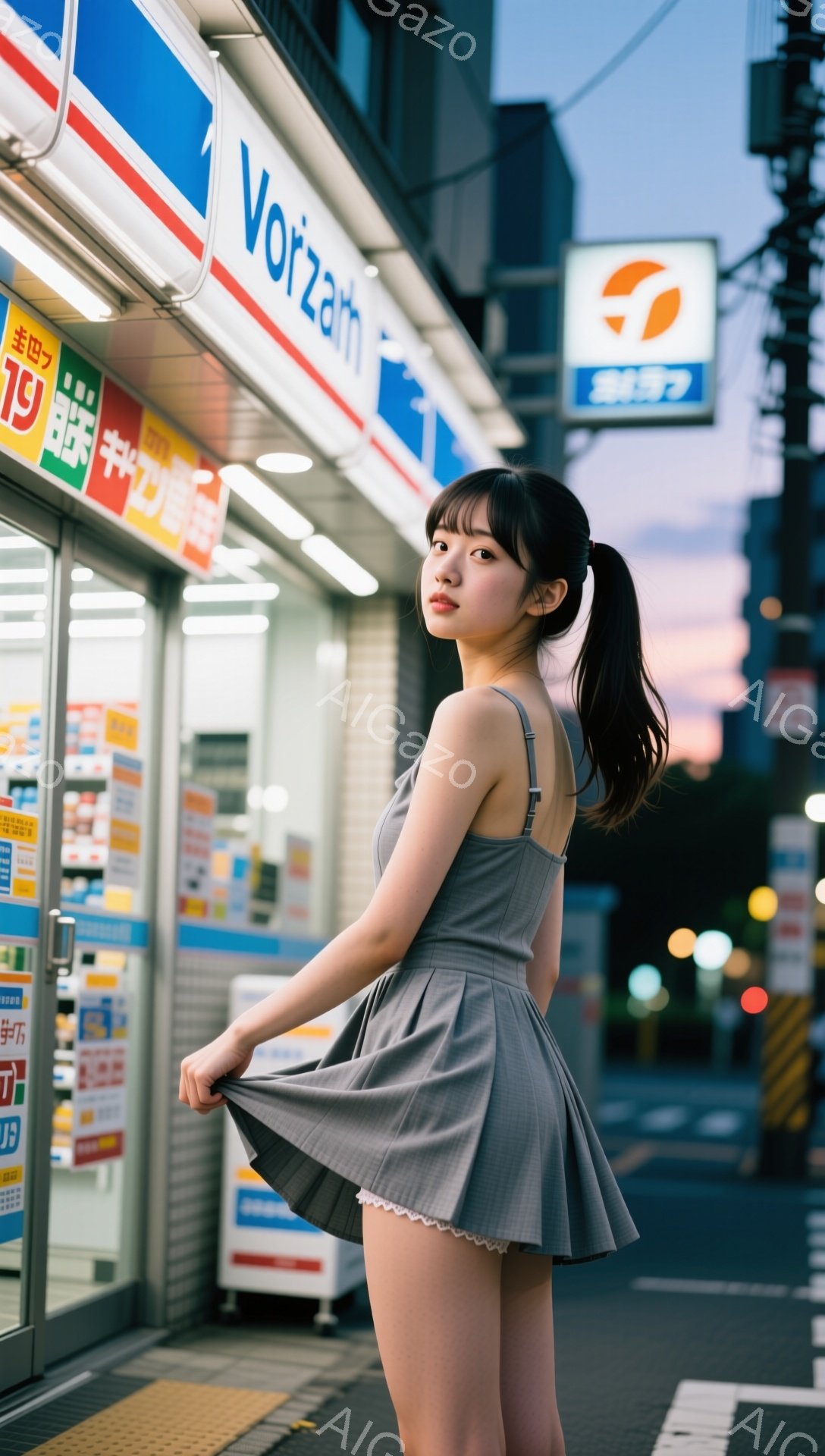 画像は、グレーのキャミソールドレスを着た若い女性が写っています。彼女は髪をポニーテールにし、片手でスカートの裾を持ち上げ、少し微笑んでいます。背景にはコンビニエンスストアがあり、夕暮れ時の空がぼんやりと見えます。