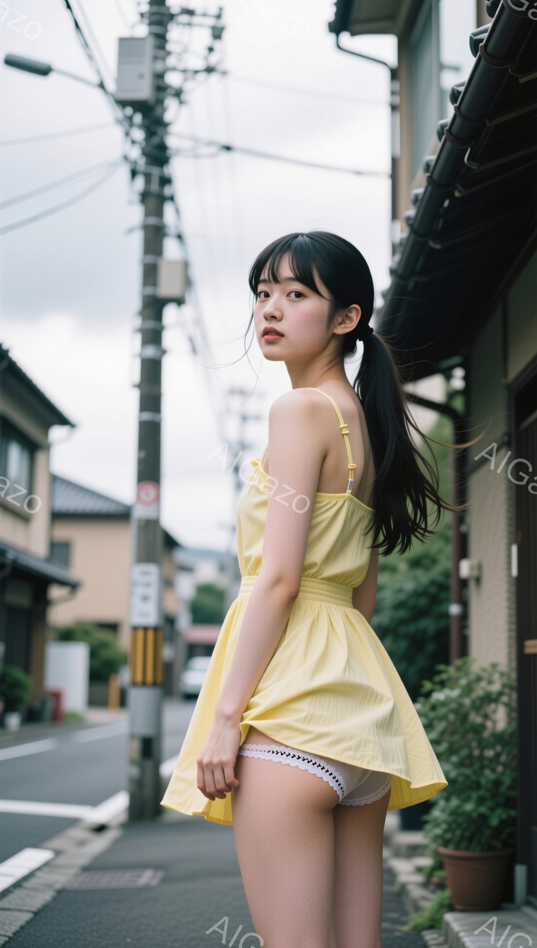 黒髪をポニーテールにした若い女性が、黄色の短いワンピースを着て、路地裏に立っています。彼女は少し振り返っており、やや憂いのある表情をしています。背景には日本の住宅街が広がり、曇り空の下、電柱や植物が見 - AI生成フリー素材