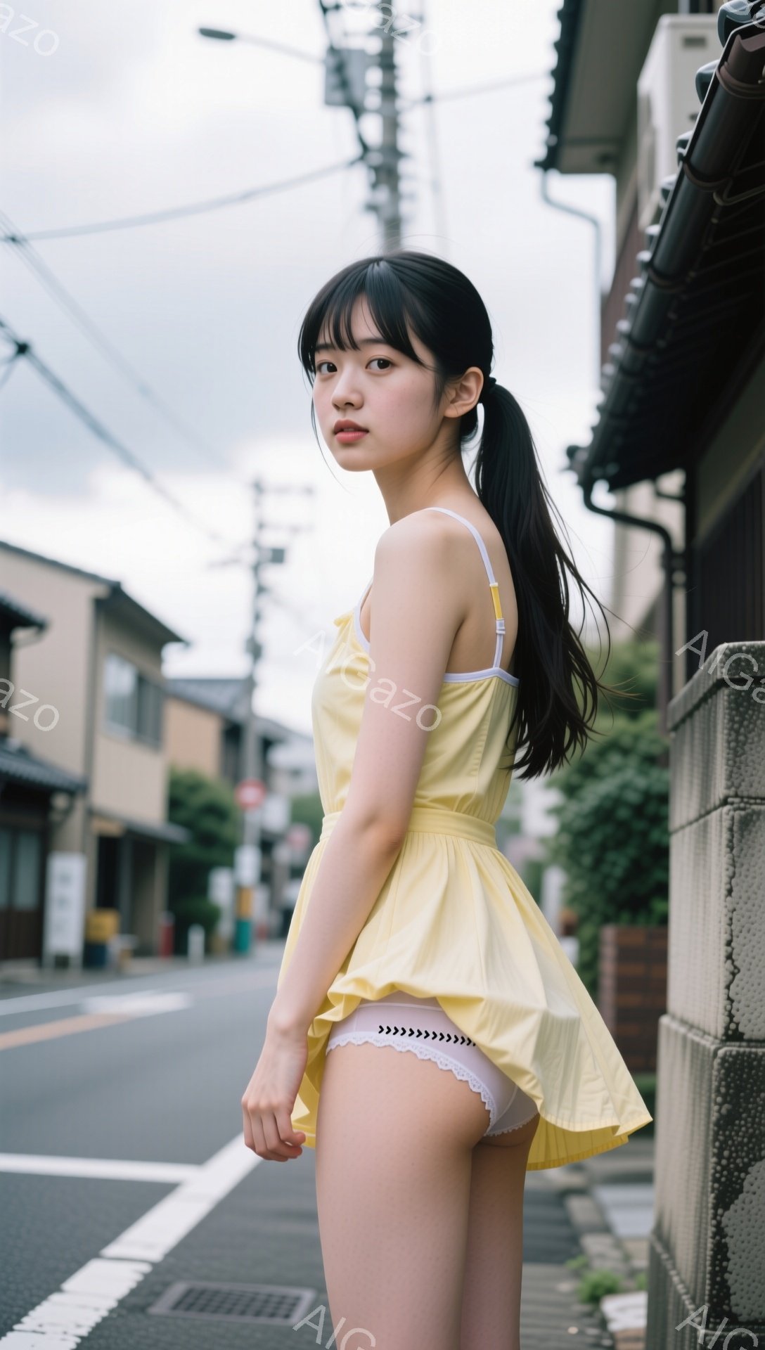 若い女性が黄色いキャミソールワンピースを着て、アスファルトの道端に立っている。彼女は黒髪のポニーテールで、少しこちらを見て微笑んでいるように見える。背景には住宅街が広がり、曇り空の下、日常的な風景が広がっている。