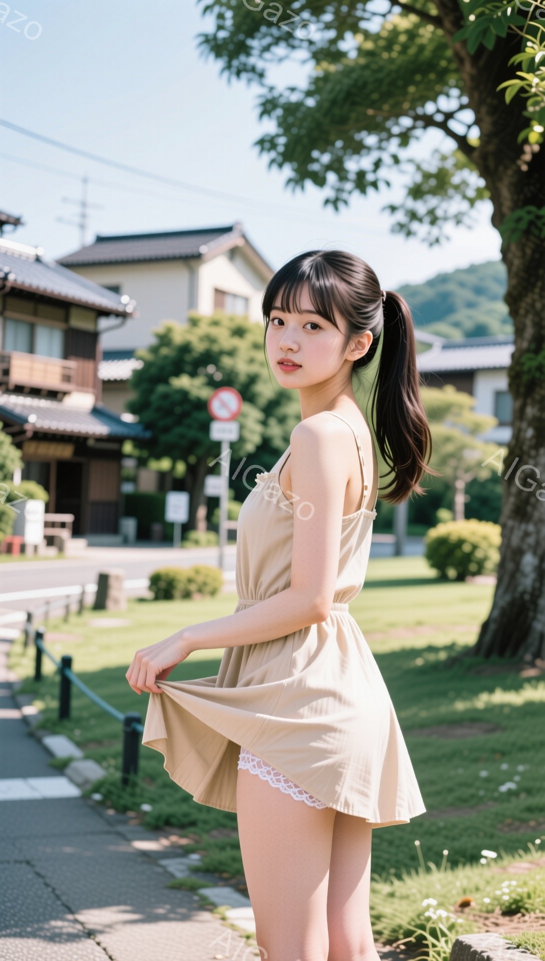 若い女性がベージュ色のキャミソールワンピースを着て、ワンピースの裾を軽く広げている。彼女はポニーテールで髪を後ろにまとめ、わずかに微笑んでこちらを見ている。背景には日本の住宅街が広がり、緑豊かな木々や芝生、そして晴天の空が広がっている。