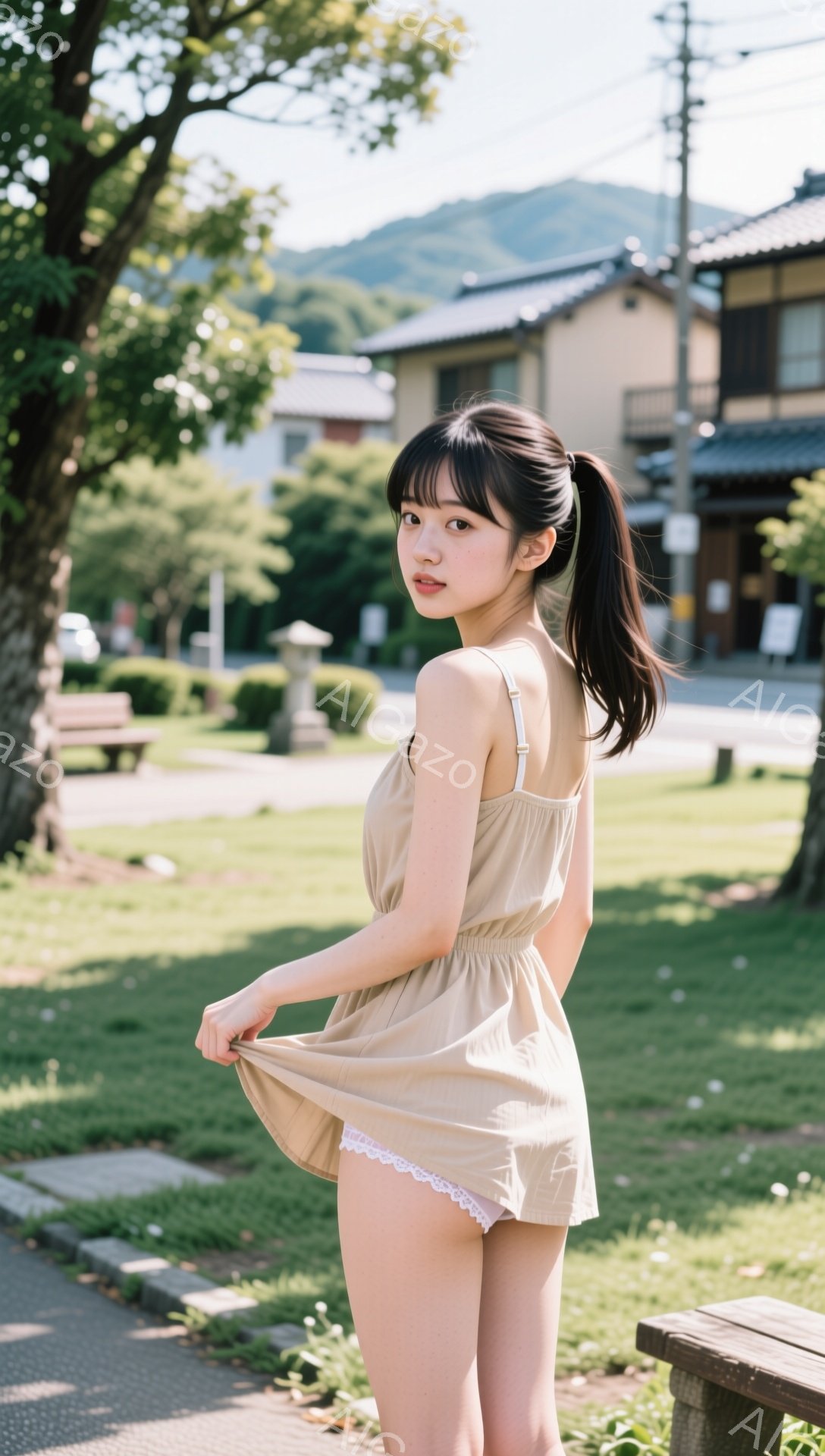 若い女性がベージュ色のキャミソールワンピースを着て、スカートを軽く持ち上げています。彼女は長い黒髪をポニーテールにし、少し微笑んでいます。背景には緑豊かな芝生、木々、そして日本の伝統的な建物が見え、晴れた日の穏やかな雰囲気です。