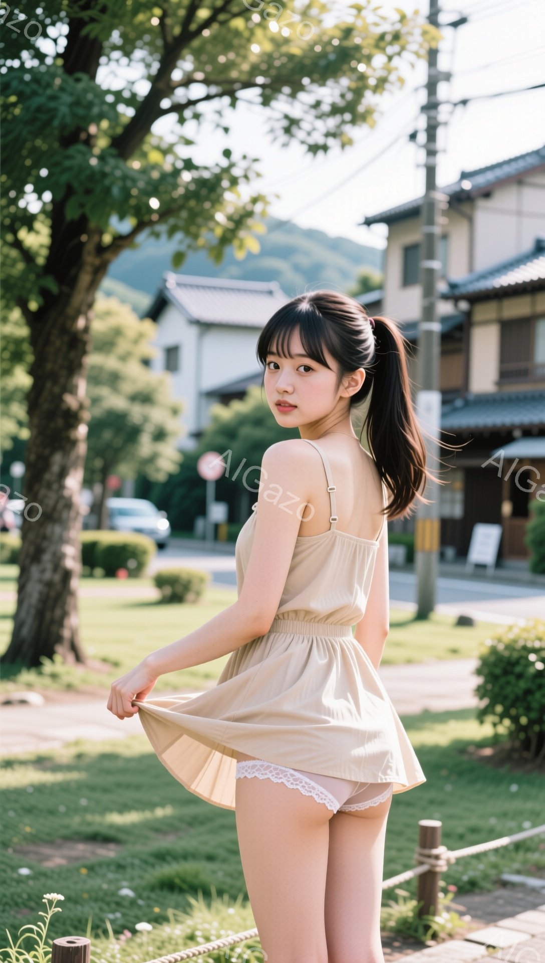 長い黒髪をポニーテールにした若い女性が、ベージュ色のキャミソールワンピースを着て、裾を少し持ち上げています。彼女は道路脇の緑豊かな公園に立っており、背景には日本の住宅や山々が見えます。穏やかな日差しが差し込み、全体的に明るく穏やかな雰囲気です。