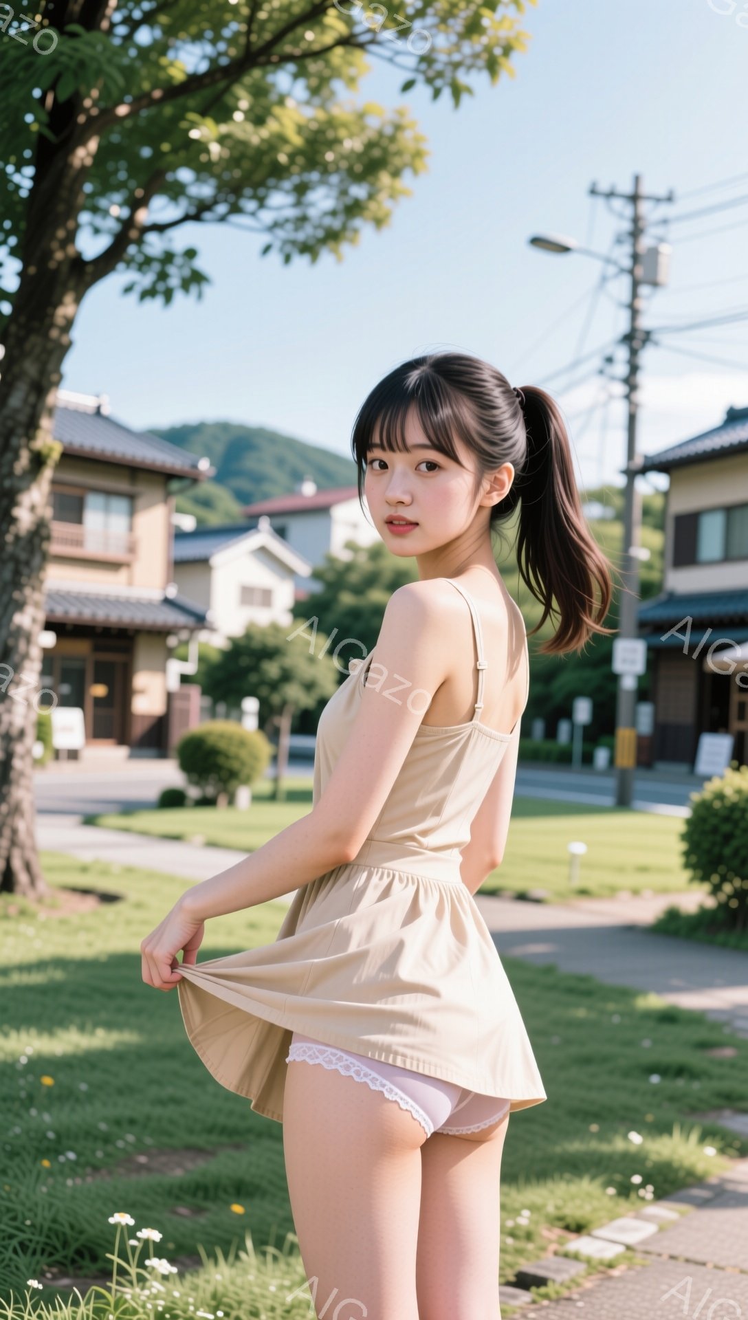 長い黒髪をポニーテールにし、ベージュ色のキャミソールワンピースを着た若い女性が写っています。彼女はワンピースの裾を少し持ち上げており、少し恥ずかしそうな表情をしています。背景には、緑豊かな芝生と日本の - AI生成フリー素材