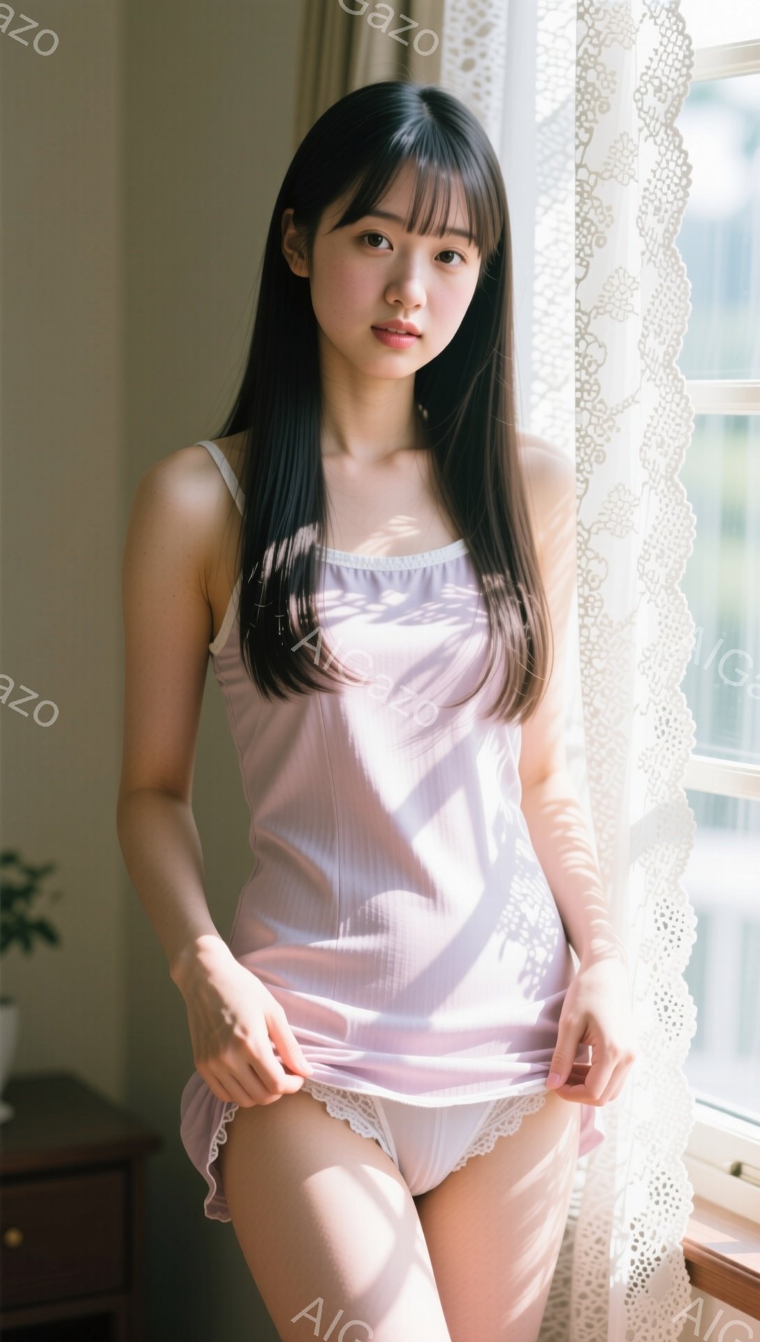 長い黒髪をセンターパートにした若い女性が、窓辺で薄いピンク色のキャミソールとショーツ姿で立っている。彼女は少し恥ずかしそうな表情で、キャミソールの裾を軽く握り、柔らかい光が差し込む背景には、木製の家具とレースのカーテンが見える。 全体的に、明るく穏やかな雰囲気で、女性の美しさと繊細さを引き立てている。