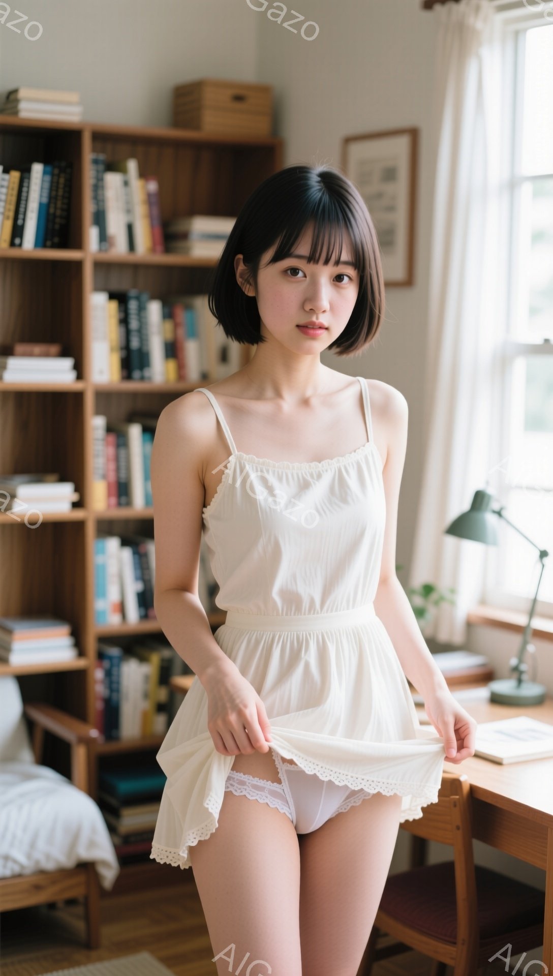 ショートヘアの女性が、クリーム色のキャミソール風ワンピースを着て、少し微笑んでいます。彼女はワンピースの裾を軽く持ち上げており、白いレースのアンダーウェアが覗いています。背景には本棚や木製の机があり、部屋全体が柔らかい光に包まれた、穏やかで親密な雰囲気です。