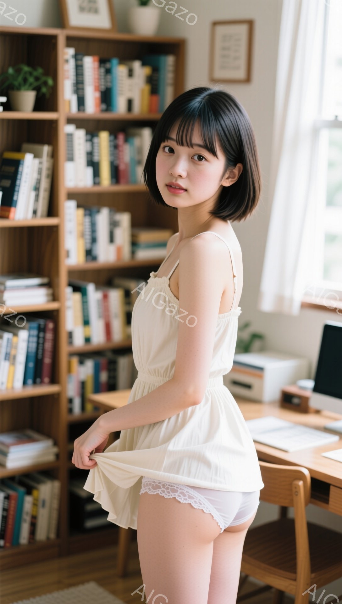 短い黒髪に前髪を合わせた女性が、オフホワイトのキャミソールと白いフリル付きのショーツ姿で立っている。彼女は右手を使い、キャミソールの裾を少し持ち上げている。背景には、本棚と机があり、明るい自然光が差し込む、家庭的な雰囲気の部屋である。