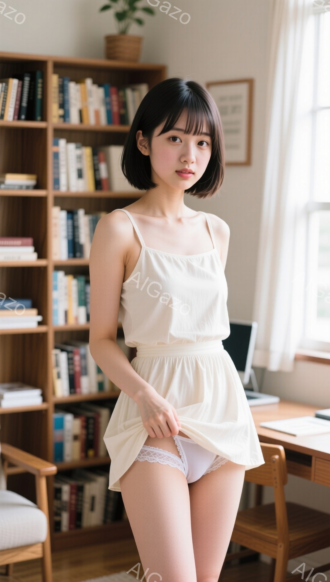 明るい室内で、短い黒髪の女性がベージュ色のキャミソールワンピースを着て立っています。彼女は少し微笑んでおり、片手でワンピースの裾を軽く掴んでいます。背景には本棚と机があり、自然光が差し込み、穏やかな雰囲気を醸し出しています。