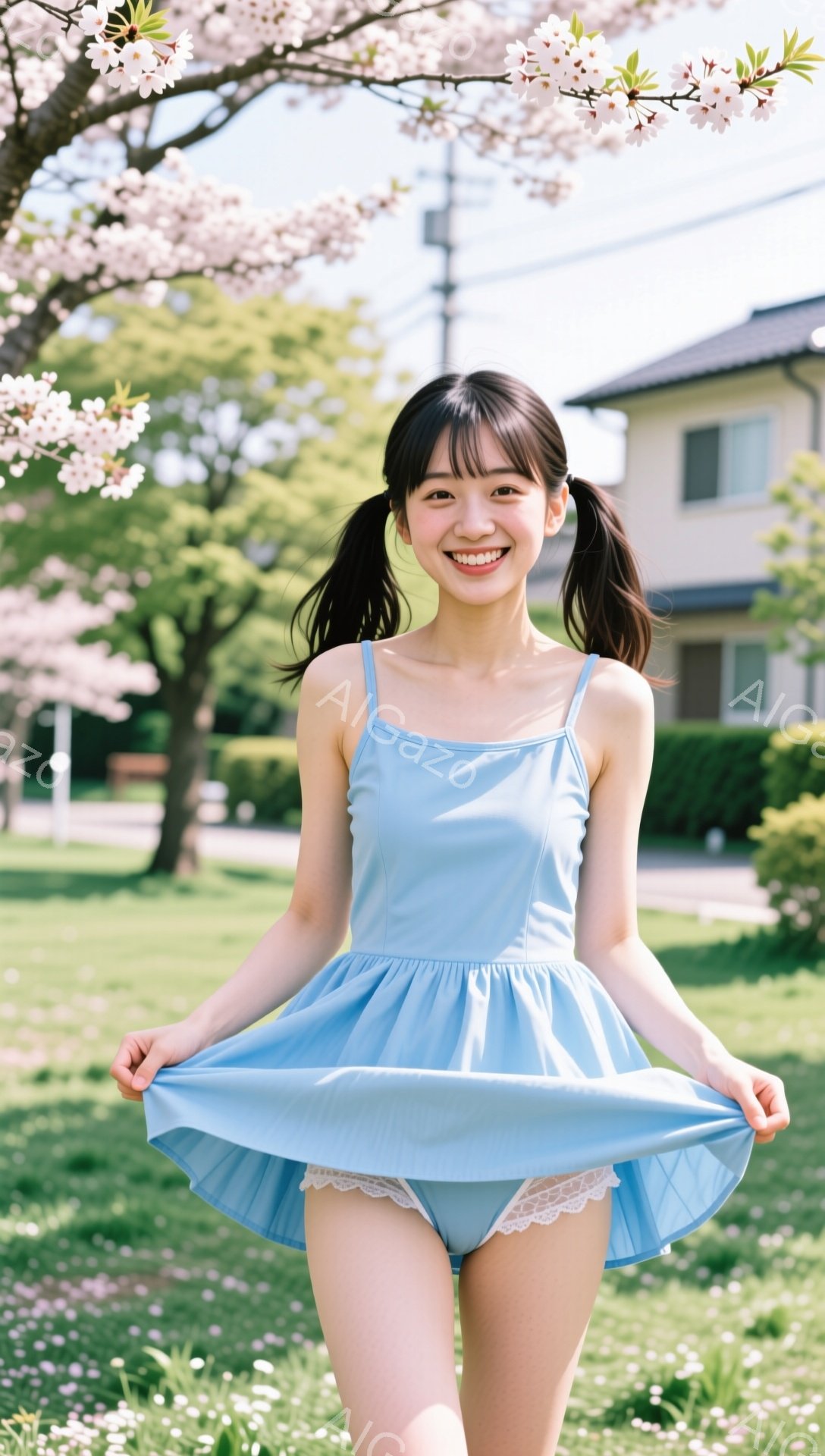 若い女性が、水色のキャミソールワンピースを着て、両手でスカートを広げて立っています。彼女は黒髪でツインテールにしており、満面の笑みを浮かべています。背景には、桜の木と住宅、そして青空が広がっており、春らしい穏やかな雰囲気です。