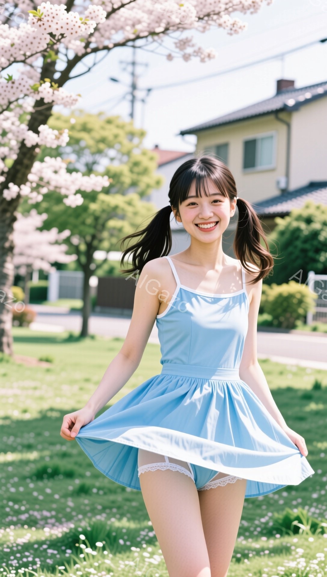 少女は水色のワンピースを着て、芝生の上を歩いている。彼女は微笑んでおり、髪は二つのポニーテールに結ばれている。背景には桜の木と住宅が見え、晴れた空と白い花びらが春の穏やかな雰囲気を醸し出している。
