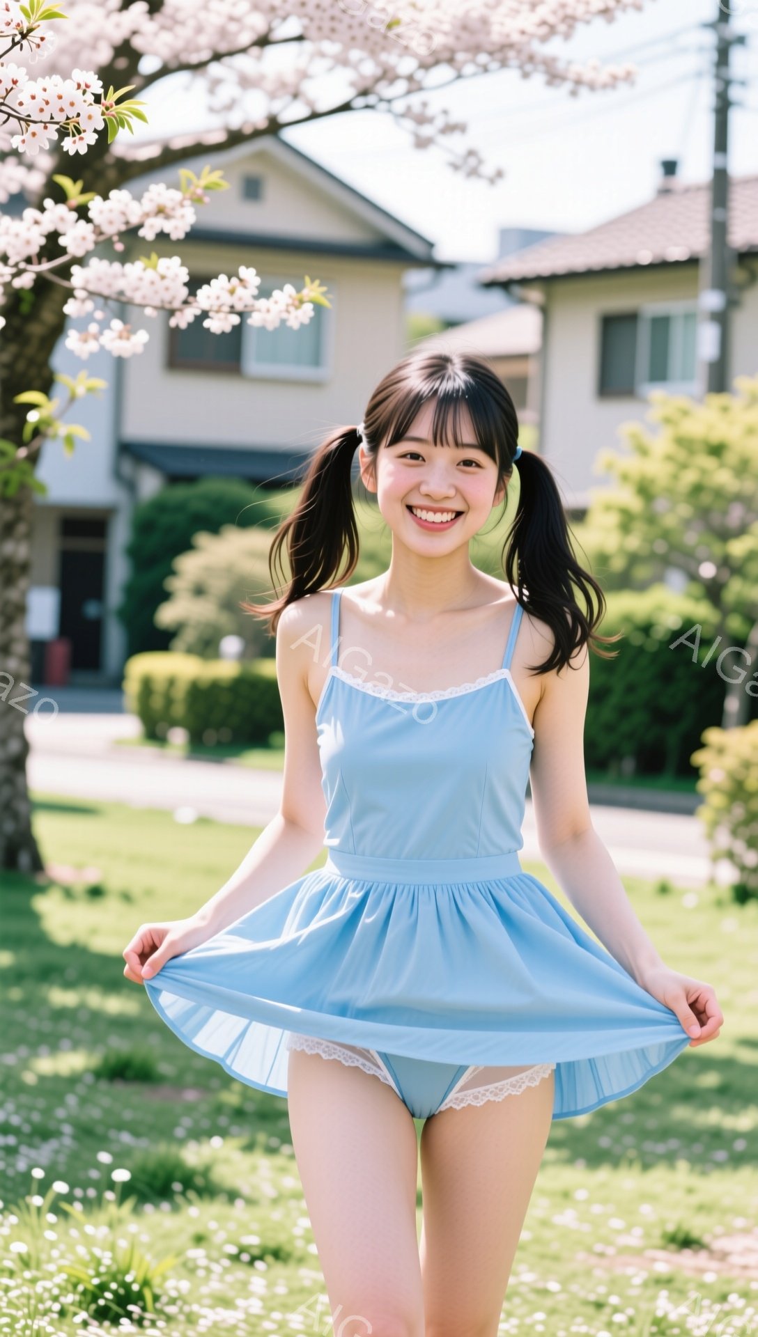 明るい青色のワンピースを着た若い女性が、芝生の上でスカートを広げています。彼女は黒髪のツインテールにし、笑顔でカメラを見ています。背景には住宅と桜の木があり、晴れた春の日に撮影されたと思われます。