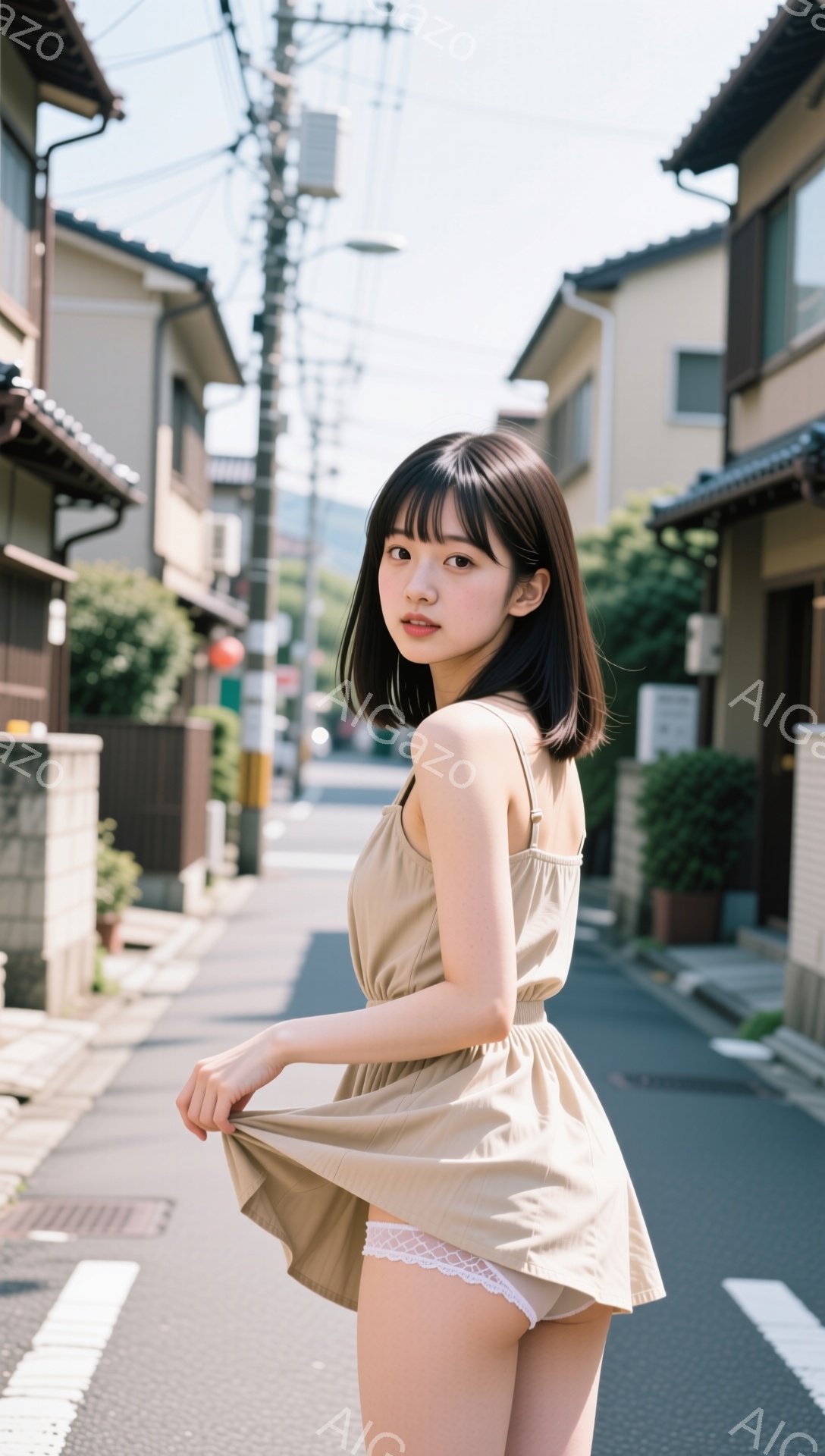 ショートヘアの女性が、ベージュ色のキャミソールワンピースを着て、古い住宅街の路上に立っている。彼女はワンピースの裾を少し持ち上げ、こちらを見つめる表情は少し微笑んでいるように見える。背景には木造の家々が並び、青空と白い雲が広がっており、夏の穏やかな午後のような雰囲気が漂う。