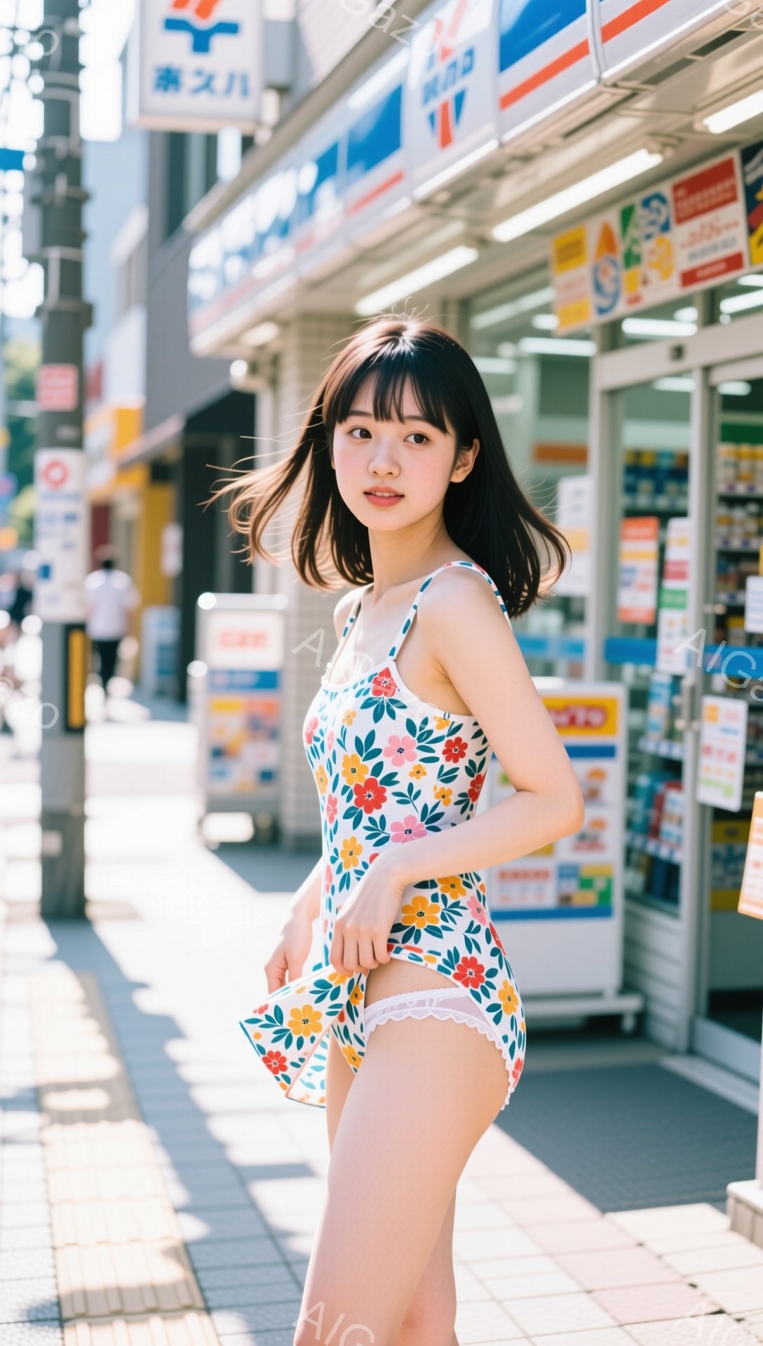 鮮やかな花柄のワンピース水着を着た若い女性が、日当たりの良い歩道に立っています。彼女は黒髪で前髪が目にかかり、少し微笑んでいます。背景には日本のコンビニエンスストアが見え、晴れた日の賑やかな街並みが広がっています。