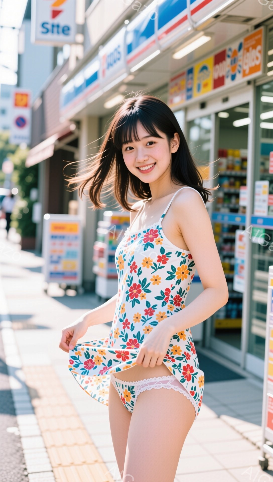 長い黒髪で前髪がぱっつんの女性が、花柄のキャミソールワンピースと白いレースのフリルパンツを身につけて立っています。ワンピースの裾を持ち上げ、笑顔でカメラを見ています。背景にはお店があり、晴れた日の屋外で撮影された写真です。