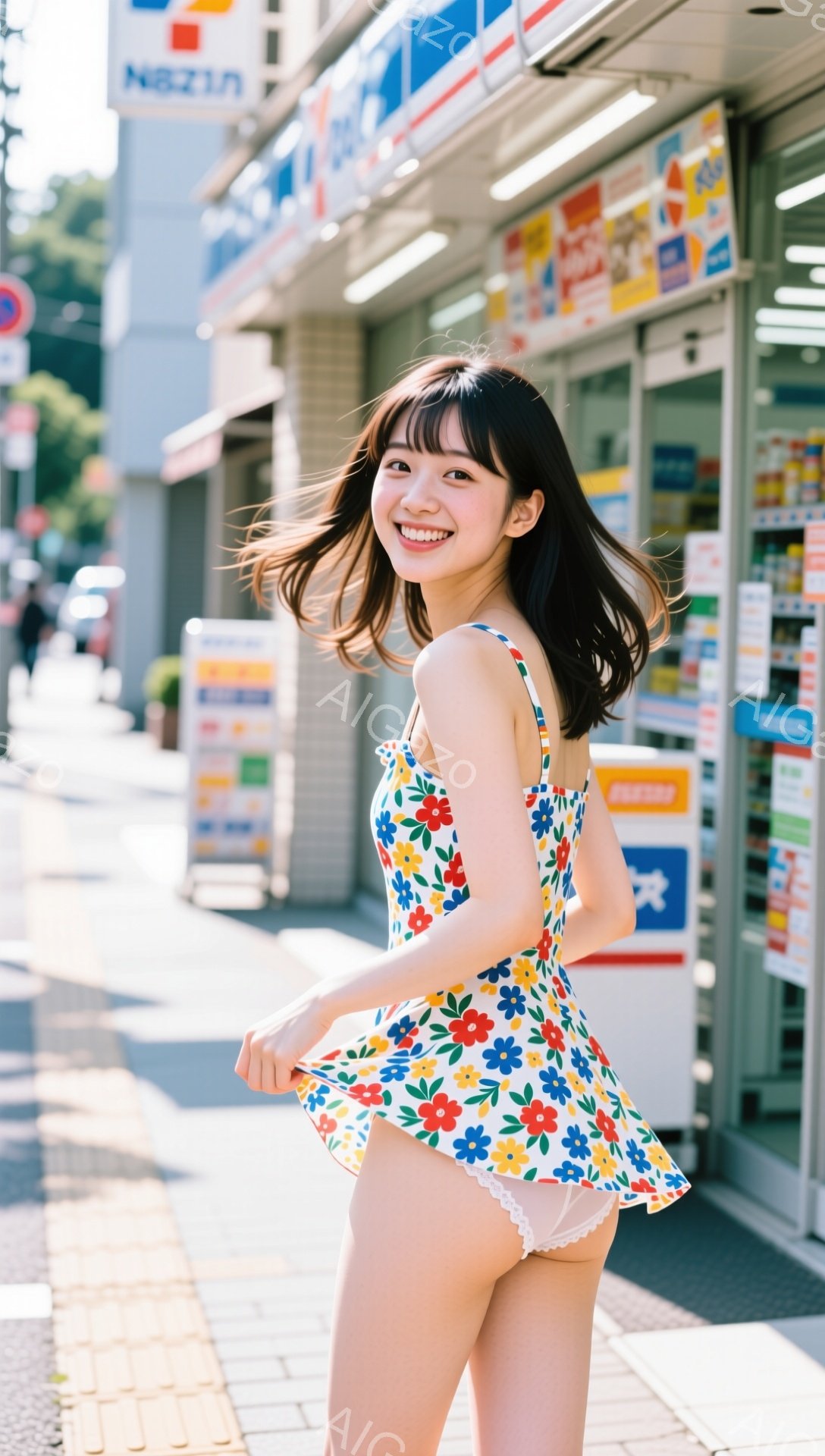 花柄のワンピースを着た若い女性が、少し風でスカートがめくれて、笑顔でポーズをとっています。彼女は黒髪で前髪が目にかかるヘアスタイルで、明るく元気な表情をしています。背景にはコンビニエンスストアがあり、日中の晴れた日の様子が伺えます。