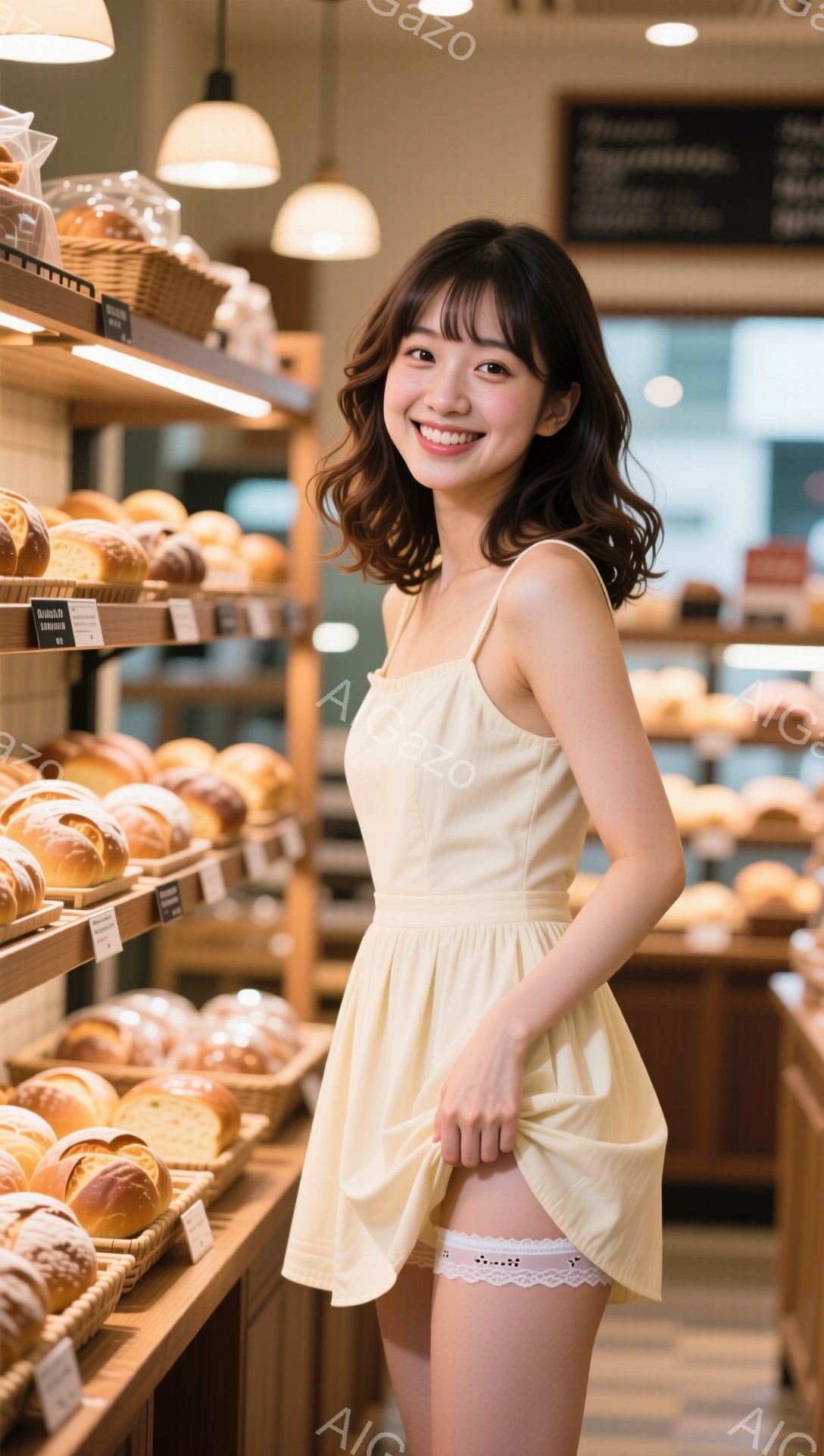 金髪の女性が、クリーム色のキャミソールワンピースを着て、パン屋で微笑んでいます。彼女は片手でスカートを持ち上げ、ややいたずらっぽい表情をしています。背景には、様々なパンが並んだ棚と、ぼんやりと見える店の内装が見え、明るく親しみやすい雰囲気が漂っています。