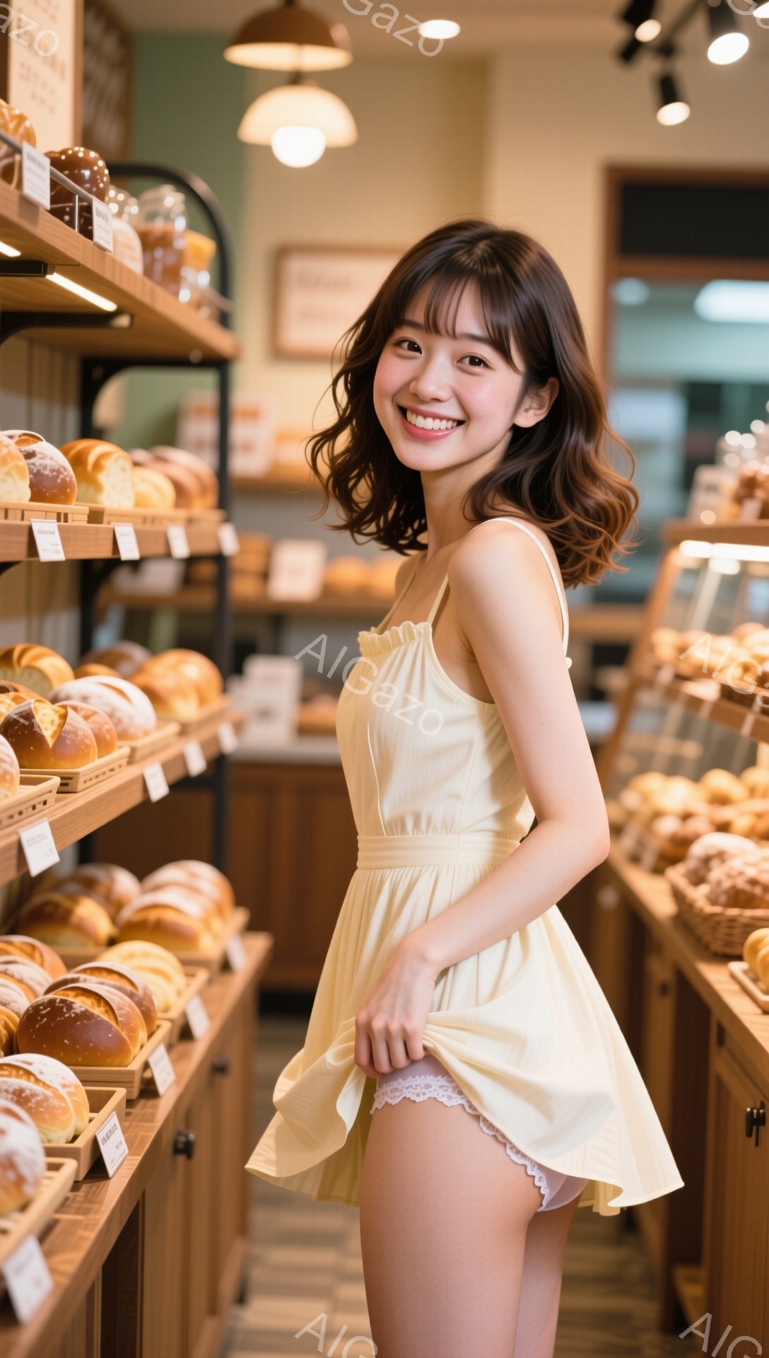明るい色のパン屋で、若い女性が黄色いワンピースを着て微笑んでいます。彼女は肩までの長さの茶色い髪で、少しカールがかかっています。彼女は片手でスカートを持ち、少し遊んでいるような姿勢で、背景には様々な種類のパンが並んだ棚が見えます。
