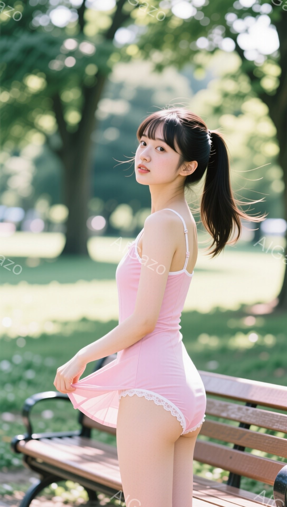 長い黒髪をポニーテールにした若い女性が、薄いピンク色のキャミソールとショーツ姿で公園のベンチの前に立っている。彼女はスカートを軽く広げており、少し照れたような表情でこちらを見ている。背景には緑豊かな木々が生い茂り、晴れた空が広がっている。