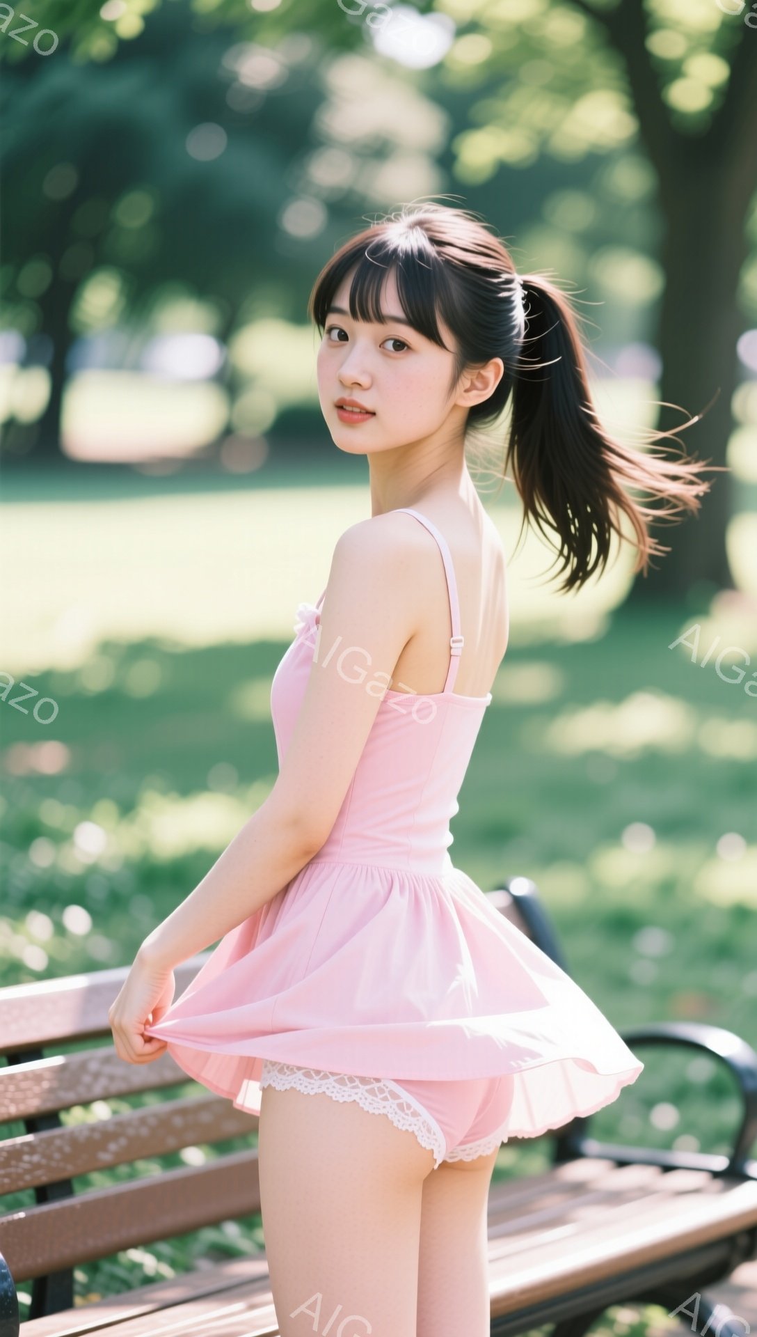 長い黒髪をポニーテールにした若い女性が、薄いピンク色のフリル付きのキャミソールワンピースとショーツ姿でベンチの前に立っています。彼女は少し微笑んでおり、ワンピースのフリルを軽く掴んでいます。背景には緑豊かな木々と日差しの差し込む公園が見え、穏やかで柔らかい雰囲気を醸し出しています。