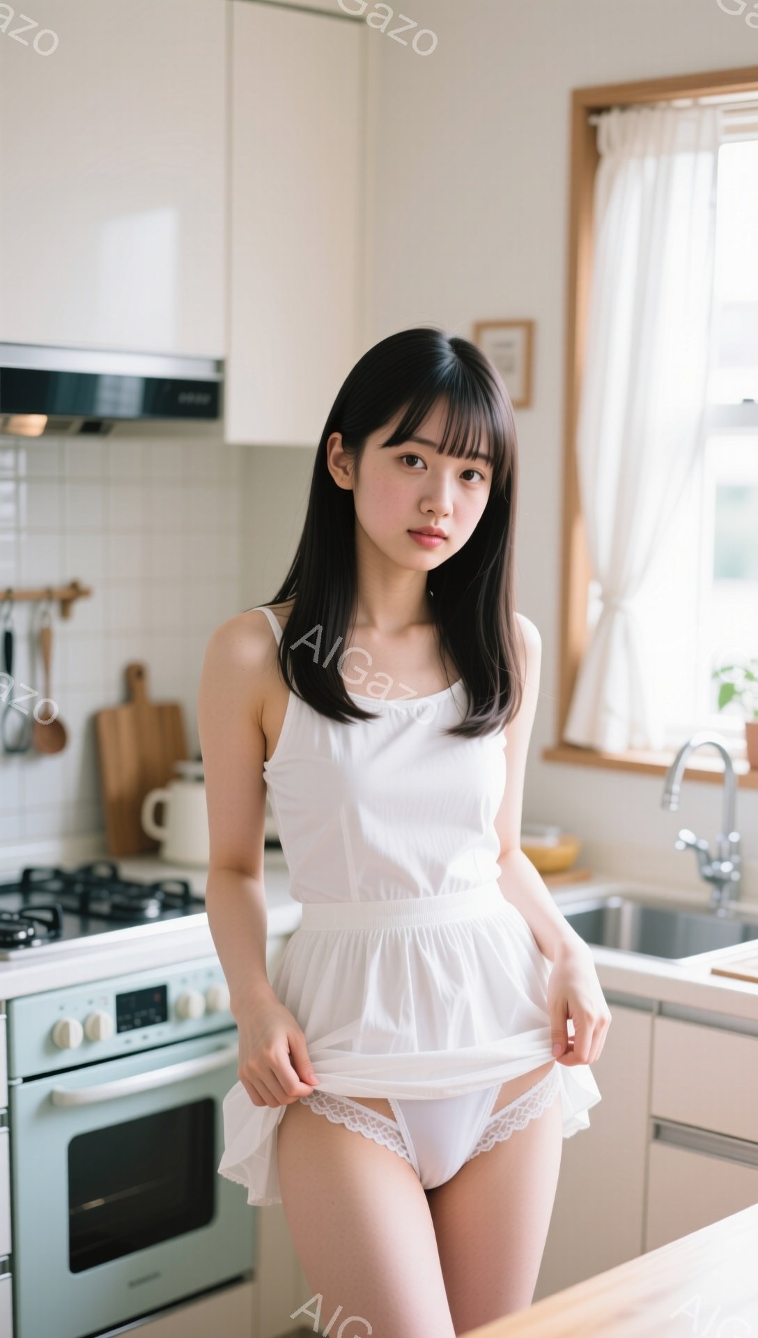 長い黒髪で前髪ぱっつんの女性が、白いキャミソールと短いフリルのついた白い下着姿でキッチンに立っている。彼女は少し困ったような表情で、フリルを軽く引き上げている。背景には、調理器具やシンク、窓からの自然光が見え、全体的に明るく清潔感のある雰囲気である。