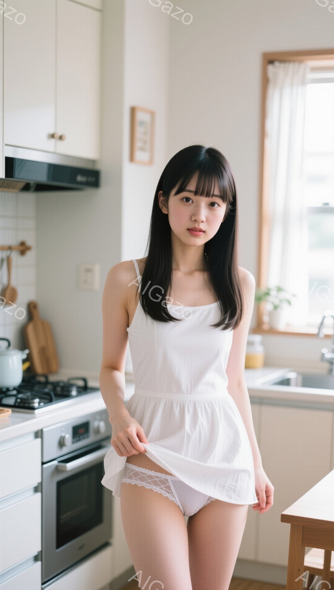 黒髪の女性がキッチンで白いキャミソールとショーツ姿で立っている。彼女はキャミソールの裾を少し引き上げている。背景には、調理台、シンク、窓があり、明るく清潔な家庭的な雰囲気が感じられる。