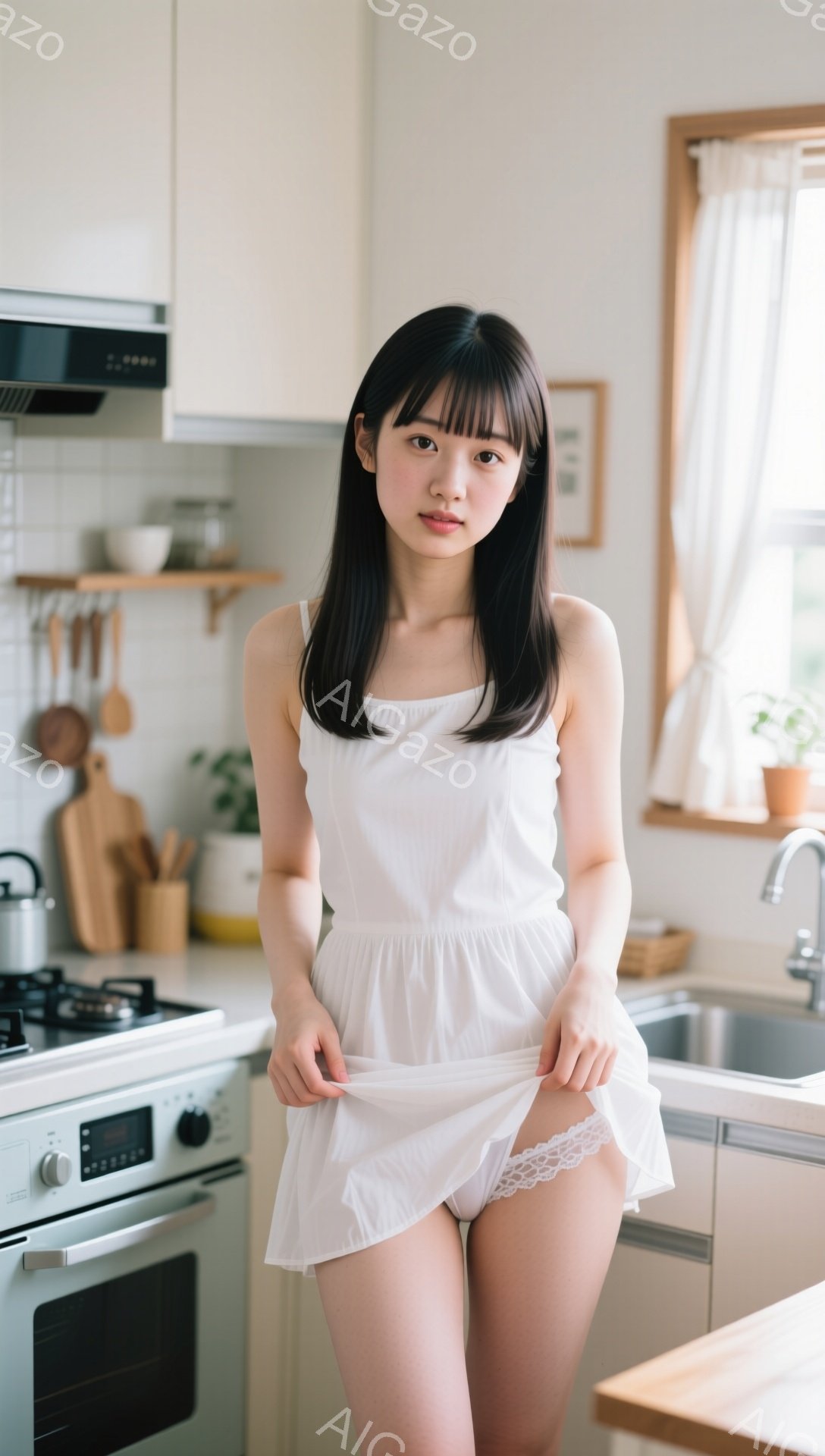明るいキッチンで、黒髪の女性が白いキャミソールワンピースを着て立っています。彼女はワンピースの裾を持ち上げ、少し恥ずかしそうな表情をしています。背景には調理器具やシンク、窓から差し込む自然光が見え、全体的に穏やかで家庭的な雰囲気です。