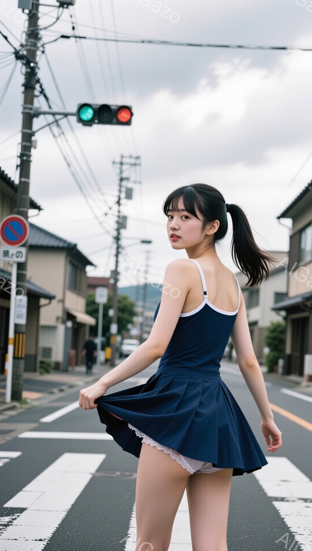 若い女性が青い制服のスカートを少し持ち上げ、横を向いてカメラを見ている。彼女は長い黒髪をポニーテールにしており、表情は少し微笑んでいるように見える。背景には、横断歩道、道路標識、電柱、住宅が並び、曇り空の下で静かな住宅街の雰囲気が漂っている。