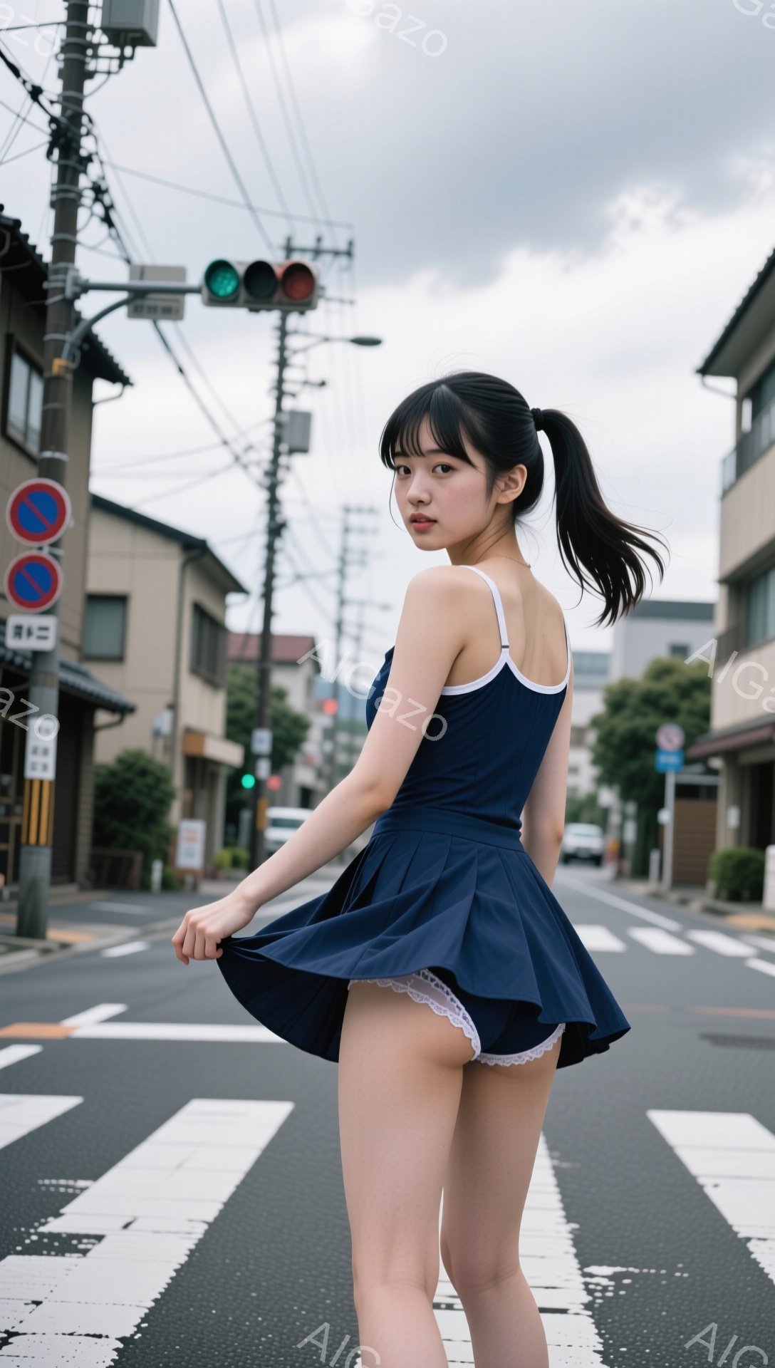 長い黒髪をポニーテールにした若い女性が、青いスカートとタンクトップを着て、横断歩道でスカートを持ち上げています。彼女は振り返っており、少し微笑んだ表情をしています。背景には住宅街が広がり、電柱や信号機が見え、曇り空の下で少し寂しげな雰囲気です。