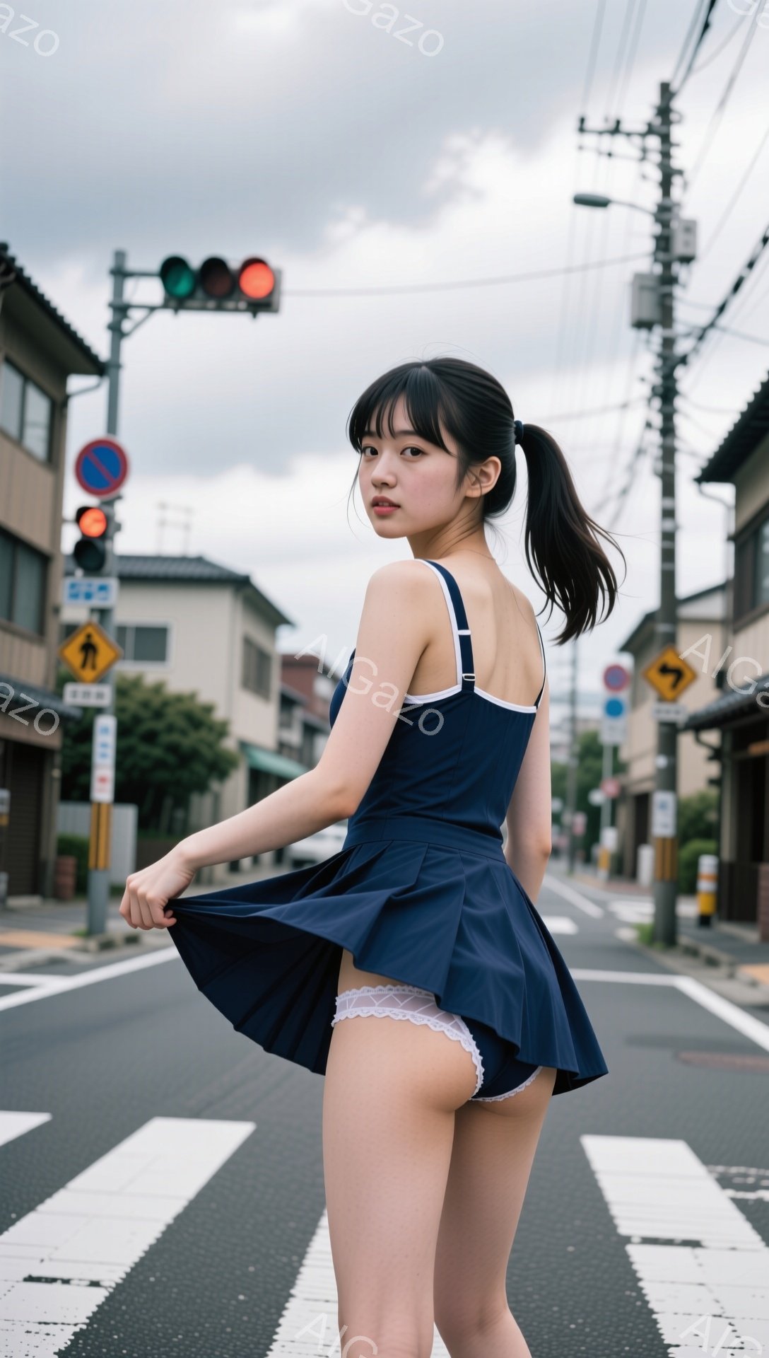 若い女性が、交差点の白線の上で紺色のワンピースのスカートを少し持ち上げている。彼女は長い黒髪をポニーテールにしており、振り返ってカメラを見つめ、少し微笑んでいる。背景には、住宅街の建物や電柱、信号機が見え、曇り空の下、少し寂しげな雰囲気である。