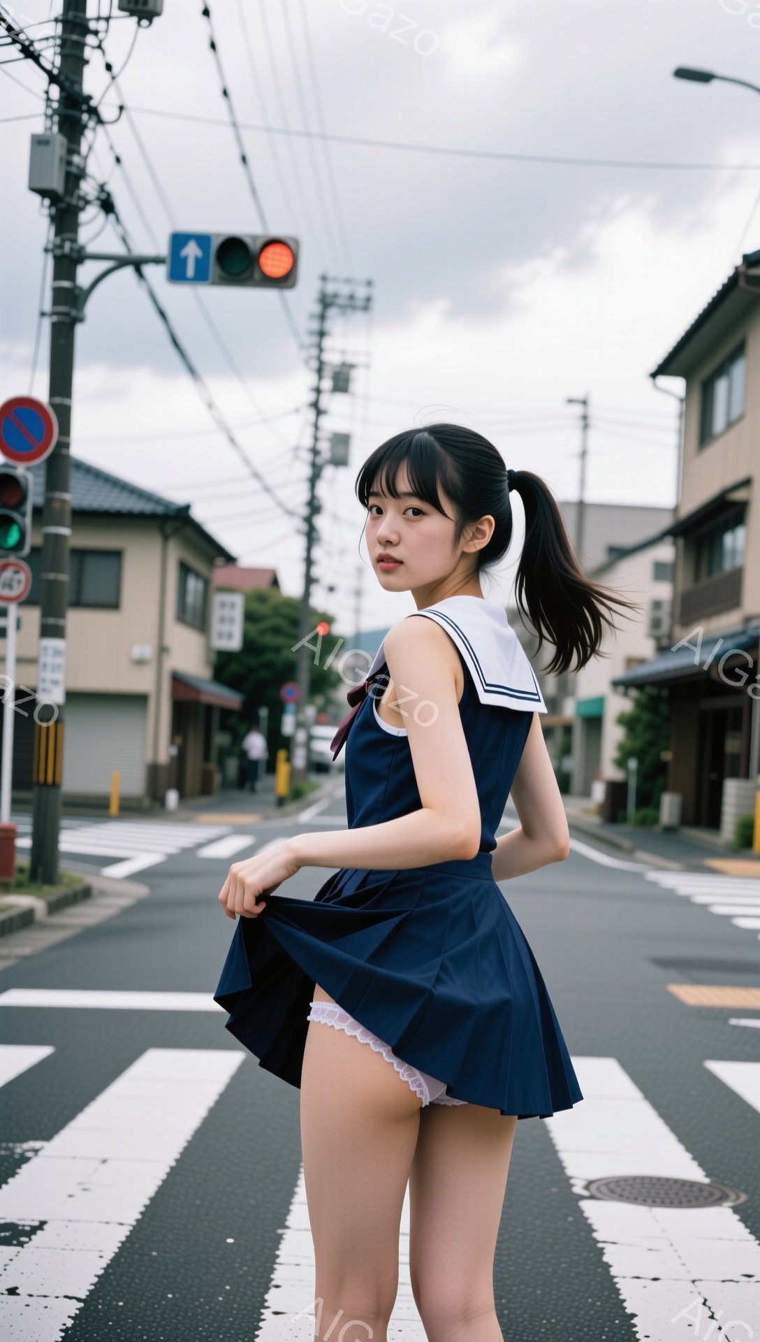 画像には、紺色のセーラー服を着た若い女性が、横断歩道上でスカートを少し持ち上げています。彼女は黒髪をポニーテールにし、顔は横向きで少し憂いのある表情をしています。背景には住宅街が広がり、曇天の下、電柱や信号機が見えます。