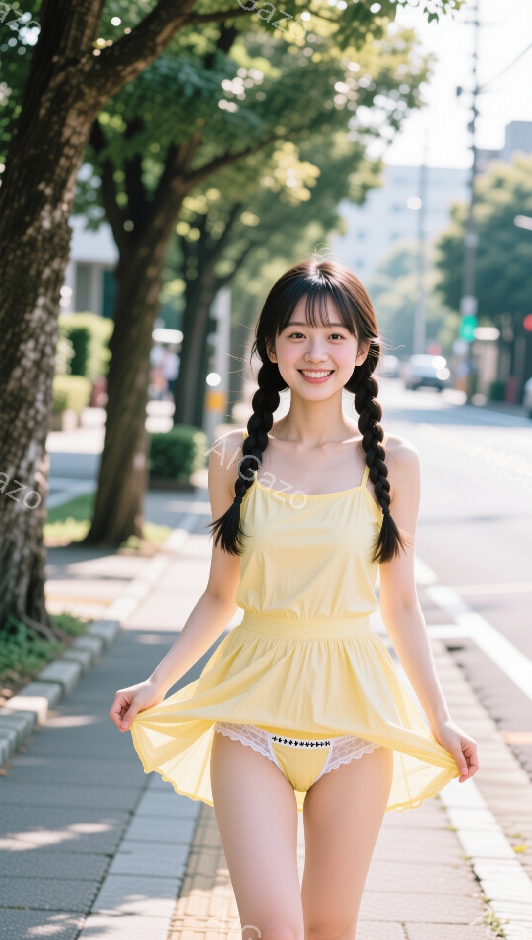 明るい黄色のワンピースを着た若い女性が、歩道でスカートを少し持ち上げて立っています。彼女は黒髪を二つに結び、笑顔でカメラを見ており、表情は明るく可愛らしいです。背景には建物や木々が見え、晴天の下、夏の - AI生成フリー素材