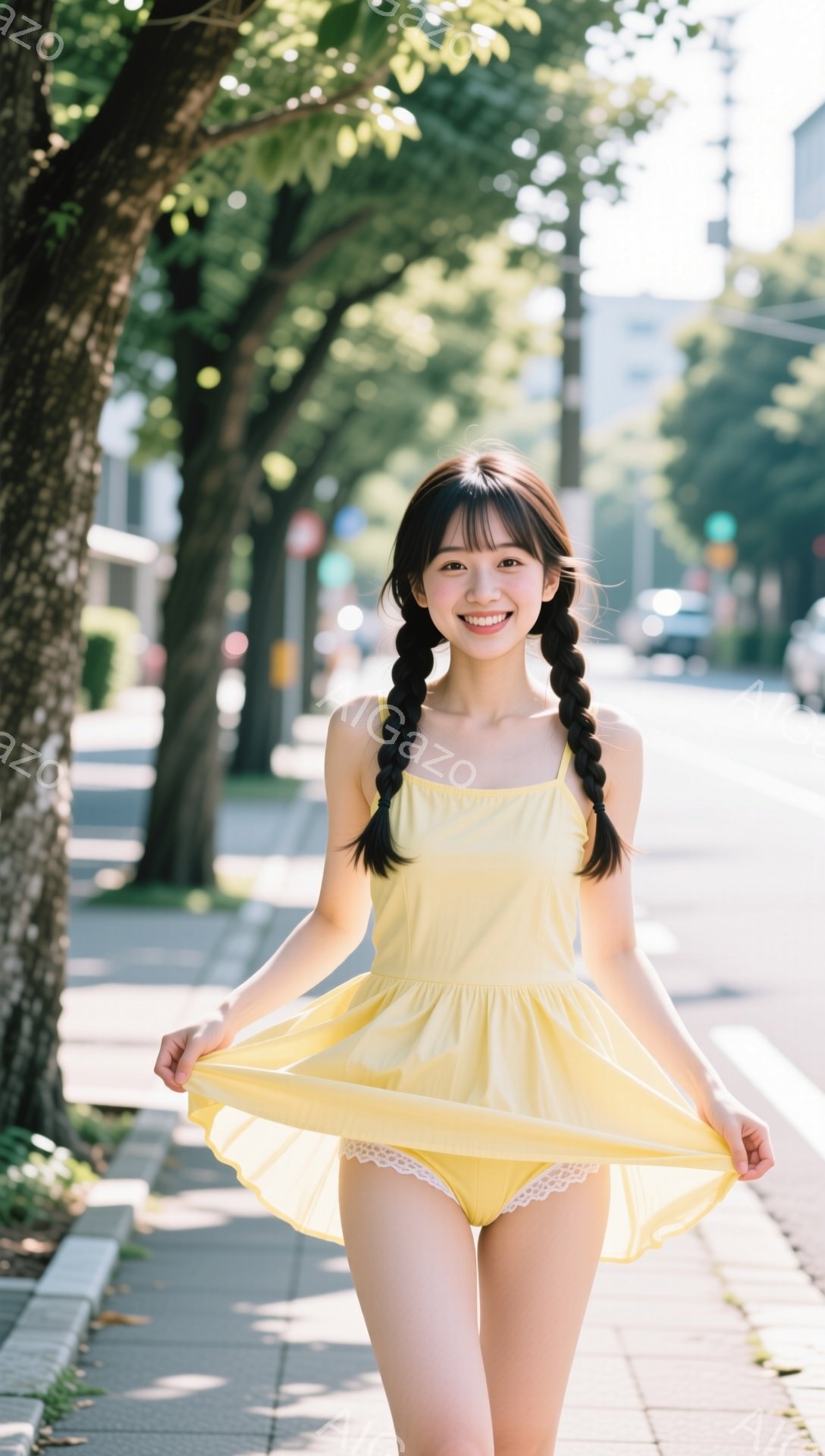 明るい黄色のワンピースを着た若い女性が、アスファルトの道の上を笑顔で歩いています。彼女は黒髪をツインテールにし、少し頬を赤らめています。背景には緑豊かな木々と、遠くに建物が見え、晴れた日の穏やかな雰囲気が漂っています。