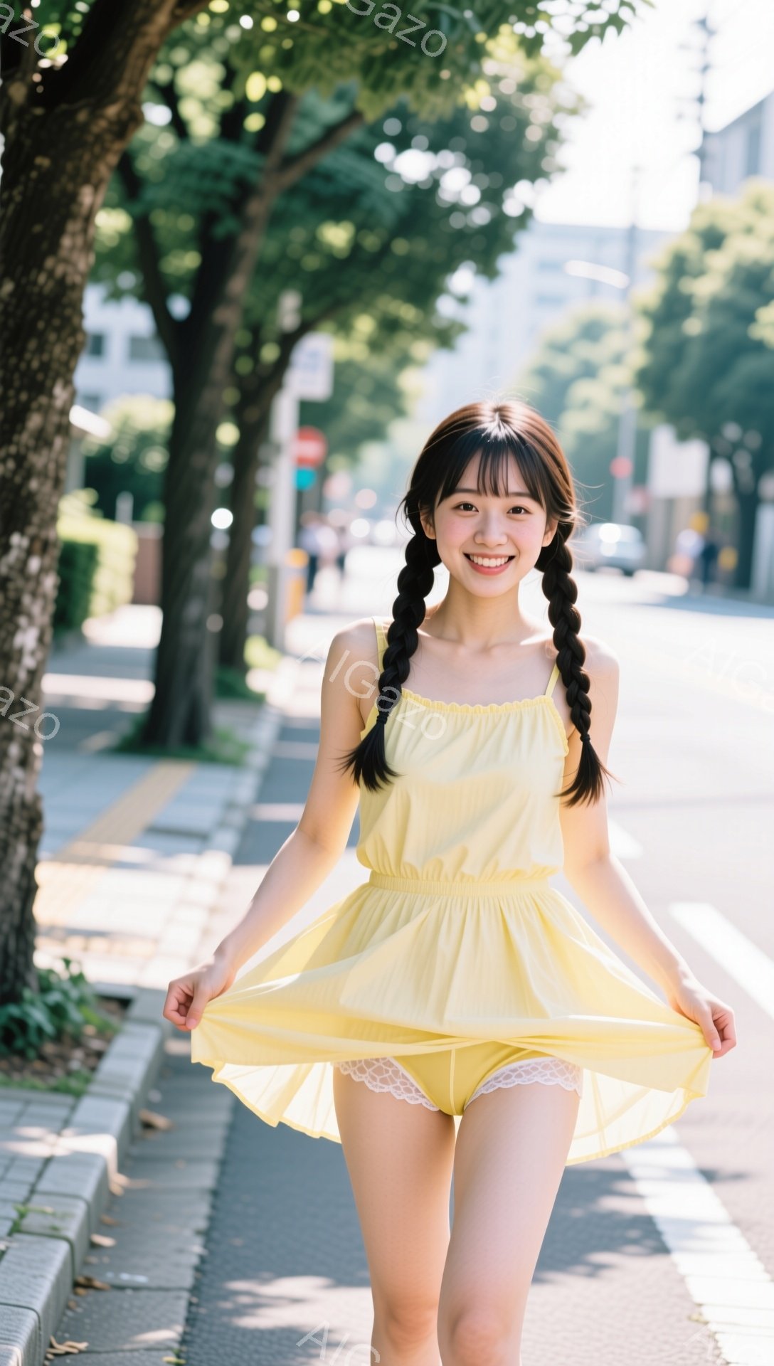 明るい黄色のワンピースを着た若い女性が、アスファルトの道の上を歩いています。彼女は髪を二つに結び、笑顔でカメラを見ており、スカートが風でふわりと揺れています。背景には緑豊かな木々と建物が見え、晴れた日の穏やかな雰囲気を醸し出しています。