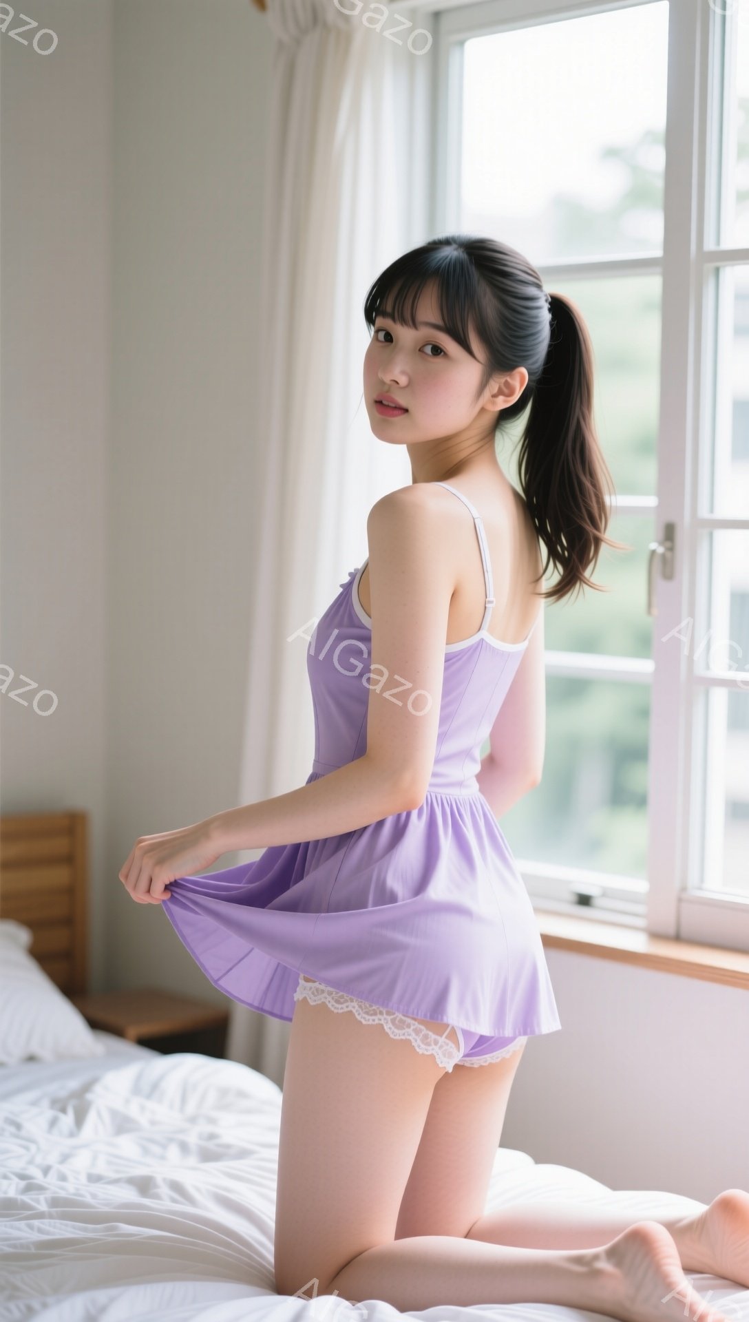 明るい室内で、茶色の前髪とポニーテールにした若い女性が、薄紫色のキャミソールとフリルのついた白いショートパンツを身に着けています。彼女は膝をついてベッドに座り、スカートの裾を軽くつまんで少し微笑んでいます。背景には窓があり、緑豊かな木々が見え、穏やかでリラックスした雰囲気を醸し出しています。