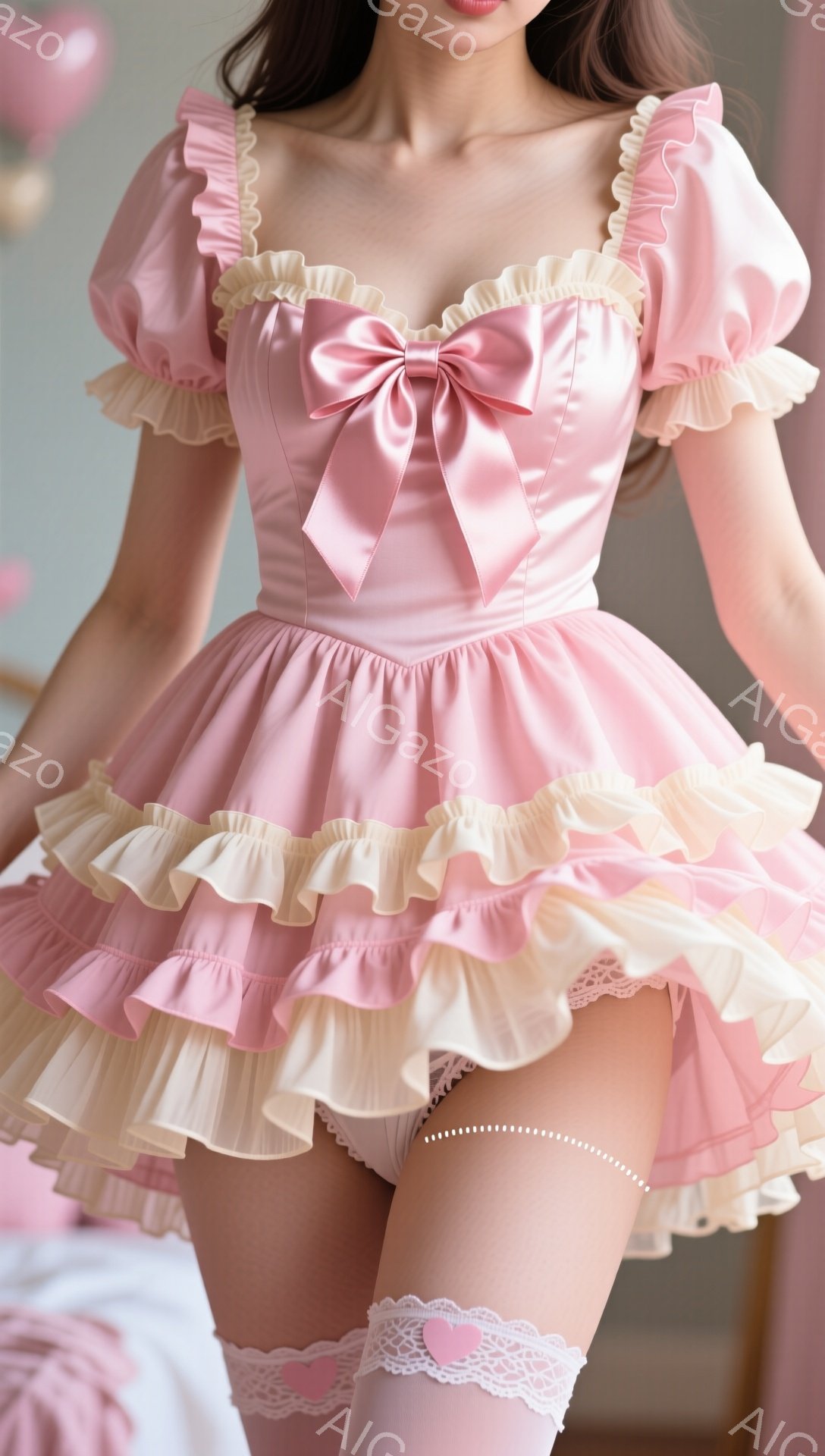 淡いピンクとクリーム色のフリルが多層になった、可愛らしいワンピースを着た女性が写っています。髪は後ろでまとめており、優しい表情で何かを見つめています。背景はぼやけていますが、パステルカラーの装飾が見え、甘くロマンチックな雰囲気が漂っています。