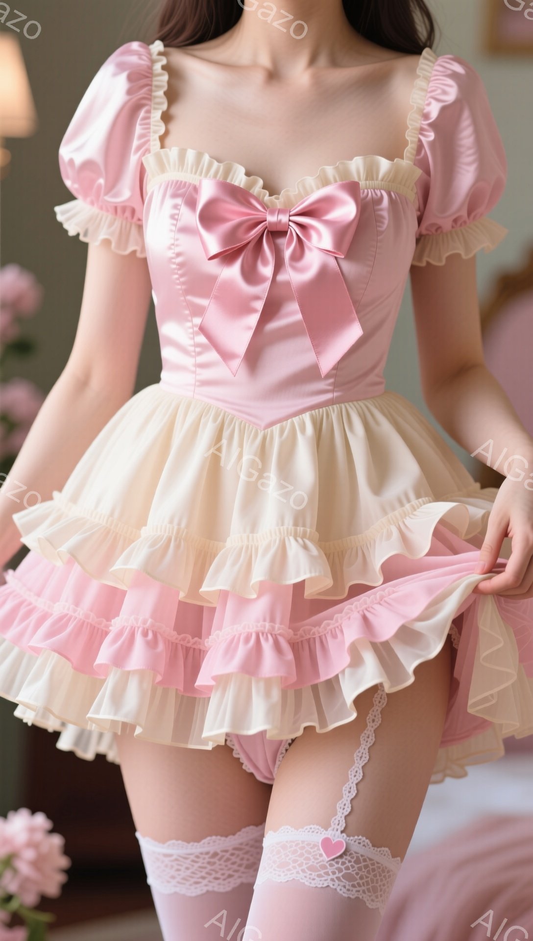 パステルピンクとクリーム色のフリルが幾重にも重なった、可愛らしいワンピースを着た女性が写っています。彼女は少し下を向き、ワンピースの裾を優雅に広げています。背景にはぼやけたピンクの花とベッドがあり、ロマンチックで夢のような雰囲気を醸し出しています。