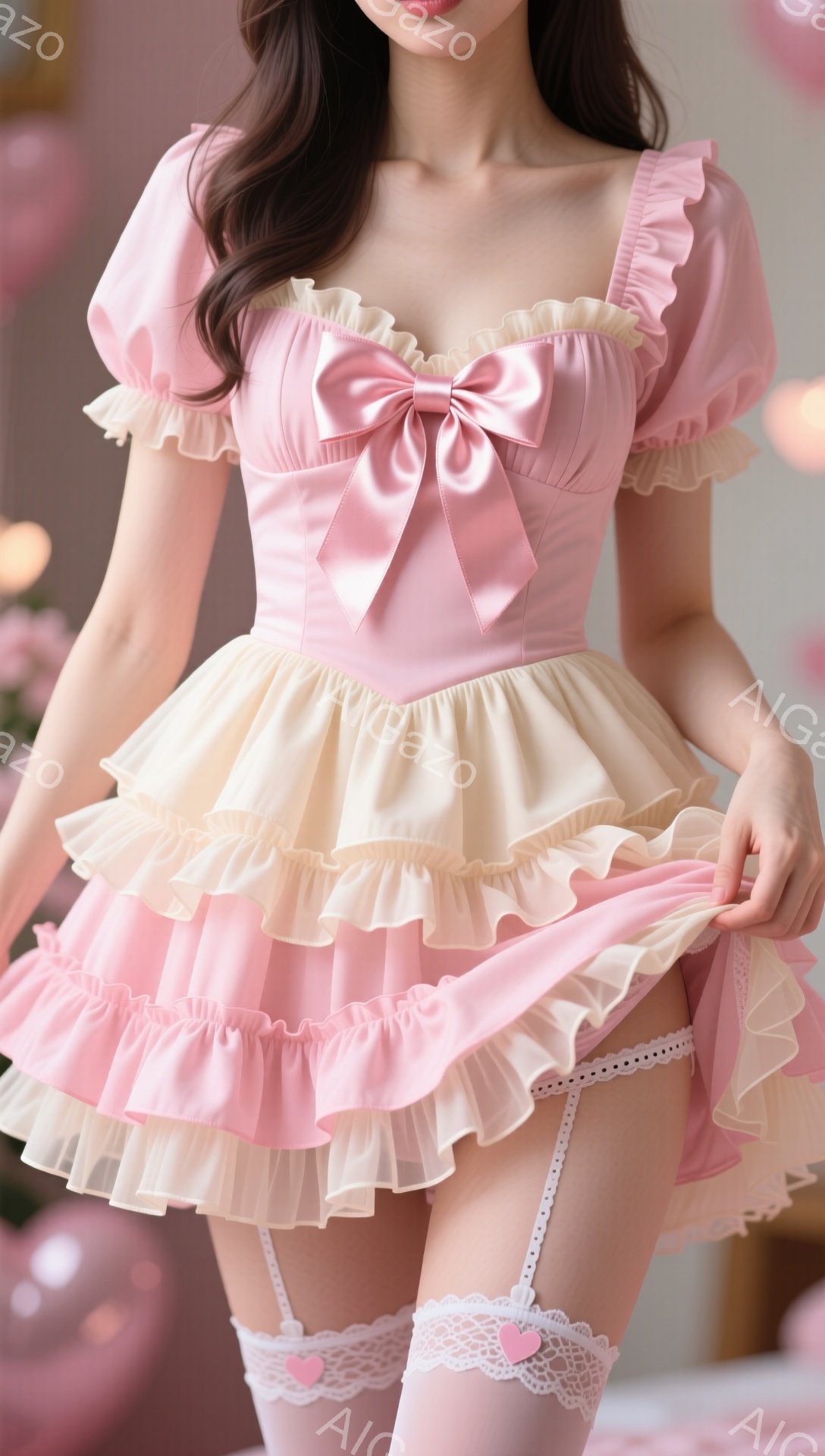 淡いピンクとクリーム色のフリルが幾重にも重なった、可愛らしいワンピースを着た女性が写っています。髪はダークカラーで、ふんわりとカールがかかり、優しい表情でこちらを見ています。背景はぼやけており、パステルカラーの花で飾られているように見え、全体的にロマンチックで夢のような雰囲気を醸し出しています。