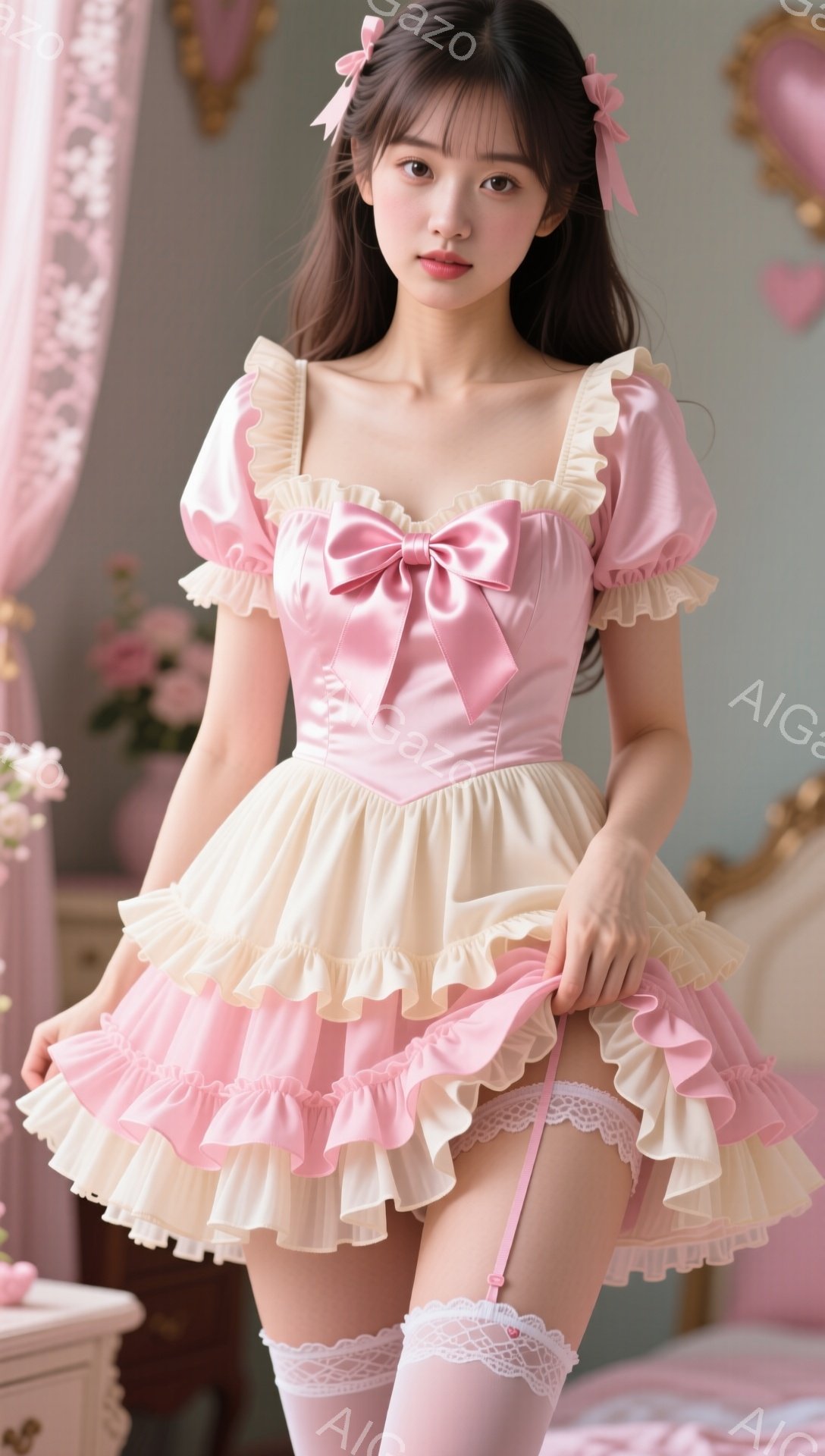 長い黒髪にピンクのリボンを結んだ女性が、淡いピンクとクリーム色のフリルが特徴的な甘いロリータ風のドレスを着ています。彼女は少し微笑み、ドレスの裾を持ち上げています。背景にはアンティーク調の家具と花が飾られており、全体的にロマンチックで夢のような雰囲気が漂っています。