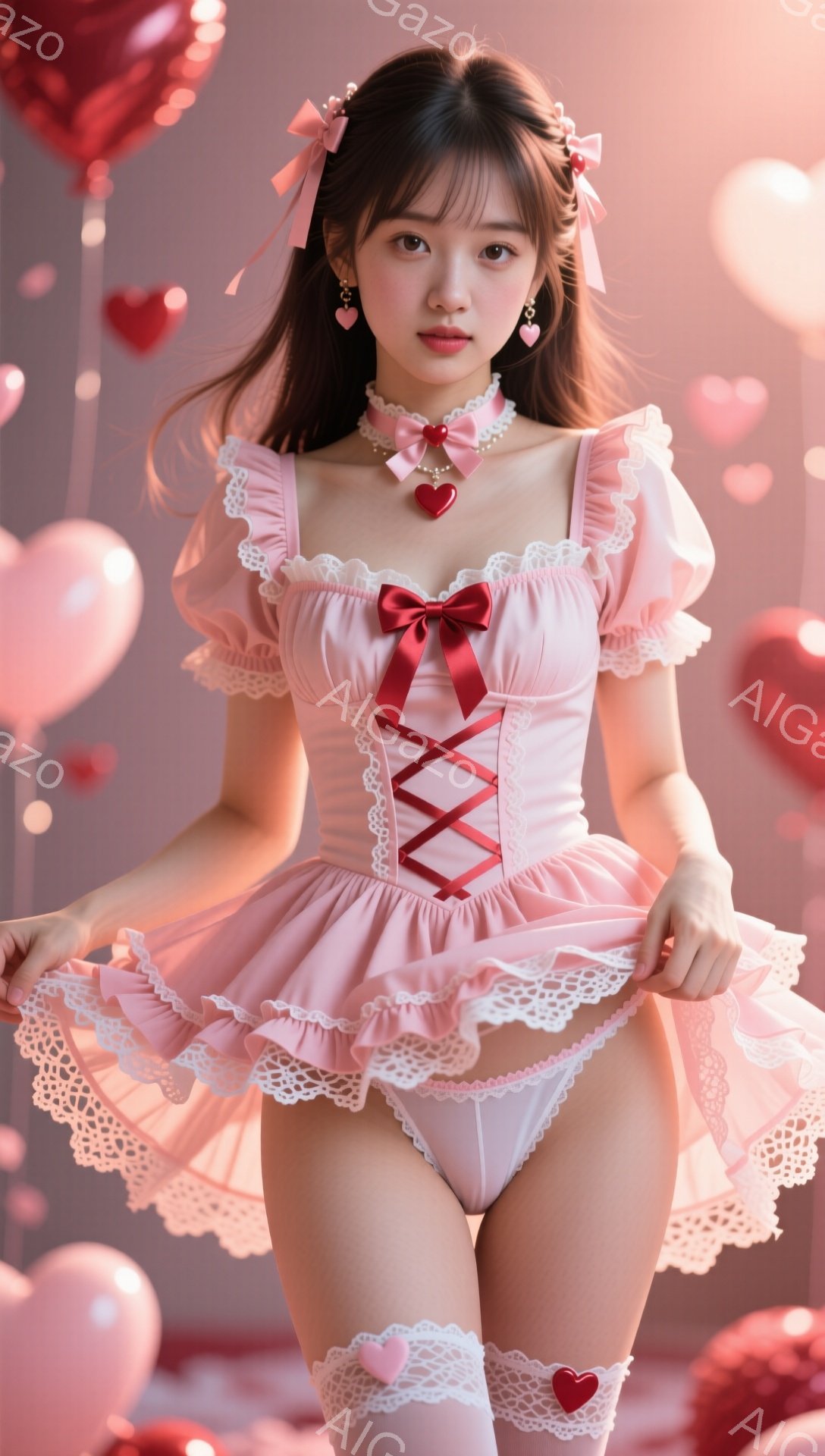 明るいピンク色の可愛らしいワンピースを着た女性が写っています。ワンピースはフリルやレースがあしらわれ、胸元にはリボンが結ばれています。彼女は微笑んでおり、髪はゆるく巻かれ、頭にはリボンが飾られています - AI生成フリー素材