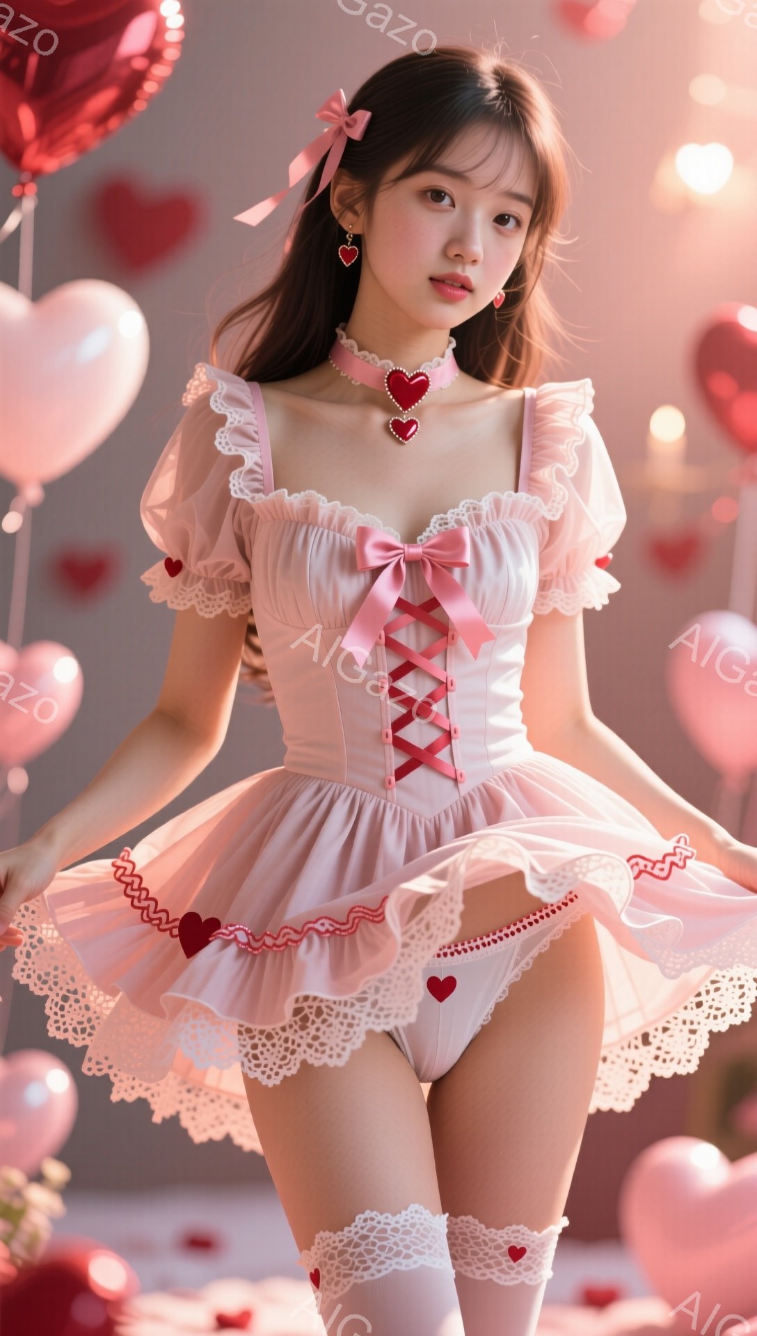 ピンク色の可愛らしいワンピースを着た若い女性が写っています。フリルのついた肩とウエストが印象的で、ハート型の装飾がアクセントになっています。彼女は微笑んでおり、背景にはピンク色のハート型の風船や花が散りばめられ、ロマンチックで華やかな雰囲気を醸し出しています。