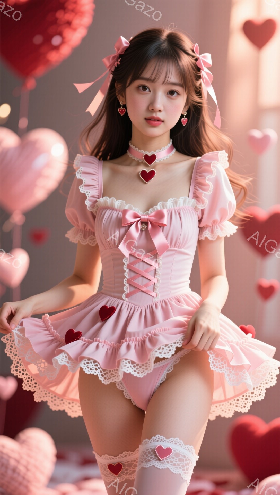 ピンク色の愛らしいワンピースを着た女性が写っている。ワンピースはフリルやレースがふんだんに使われ、胸元とウエストがリボンで強調されている。背景にはハート型のバルーンが多数浮遊し、全体的に甘くロマンチックな雰囲気を醸し出している。