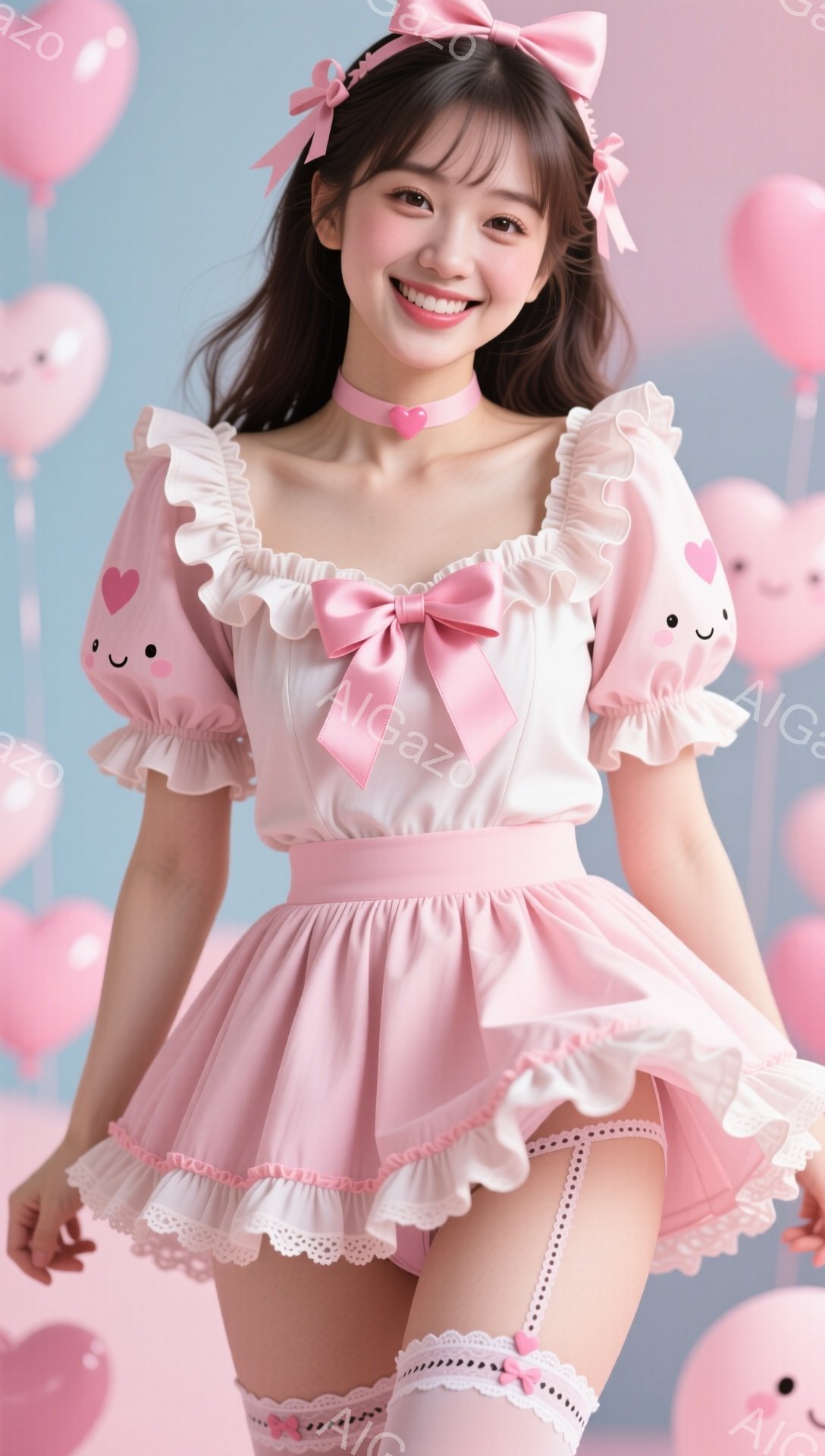 明るいピンク色のフリルがたくさんついた可愛らしいワンピースを着た若い女性が写っています。彼女は明るい笑顔でカメラに向かってポーズを取り、髪はリボンで結ばれています。背景には、ハートの形をした風船が浮か - AI生成フリー素材